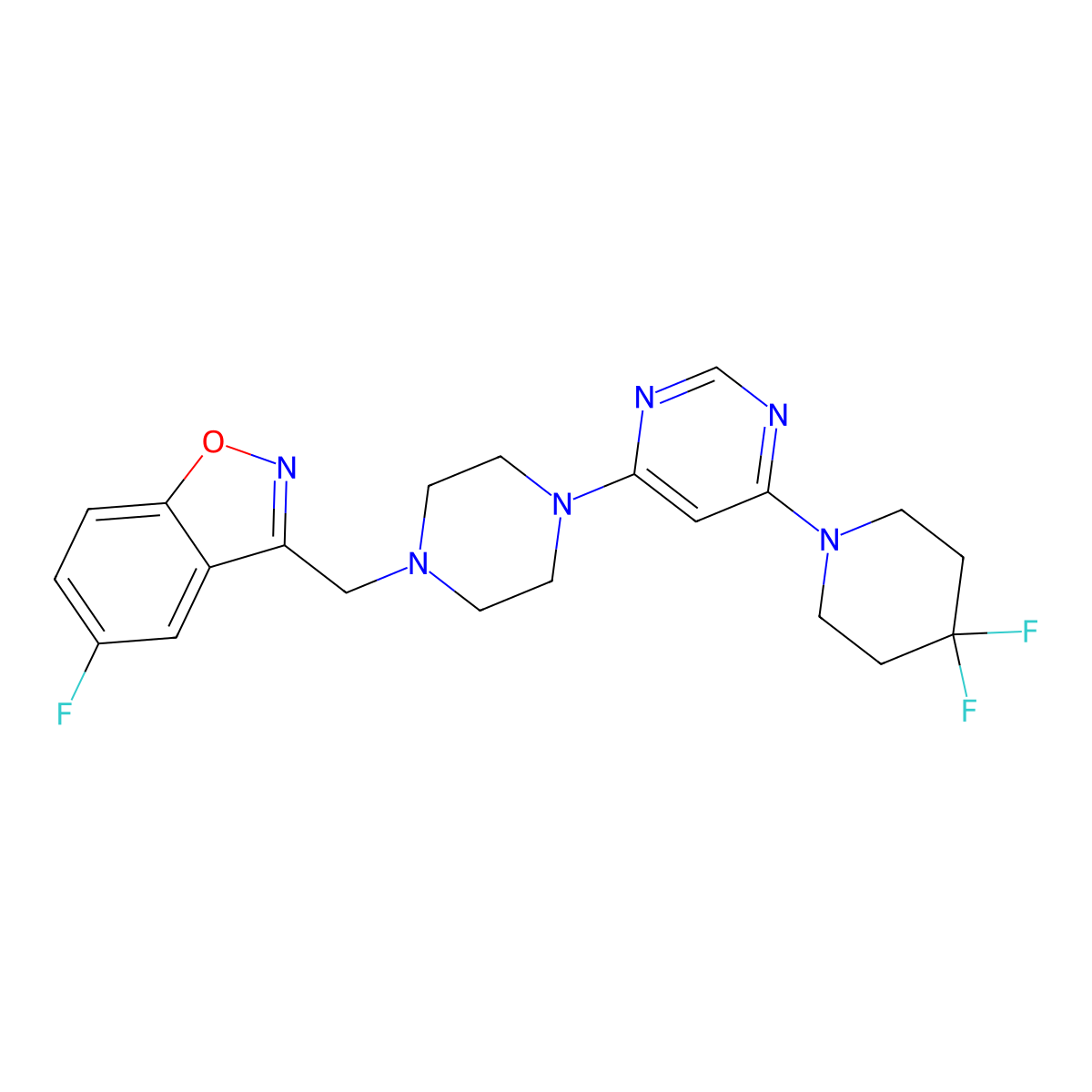 3-({4-[6-(4,4-Difluoropiperidin-1-yl)pyrimidin-4-yl]piperazin-1-yl}methyl)-5-fluoro-1,2-benzoxazole molecular structure, CAS 3054635-96-7