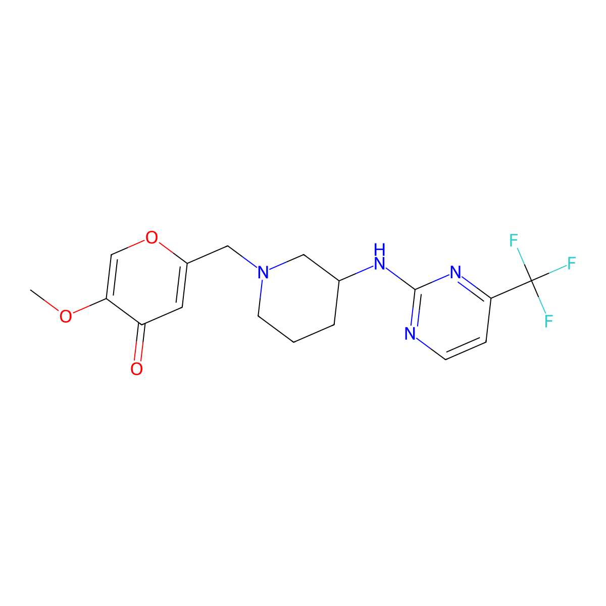 5-methoxy-2-[(3-{[4-(trifluoromethyl)pyrimidin-2-yl]amino}piperidin-1-yl)methyl]-4H-pyran-4-one molecular structure, CAS 3054635-97-8