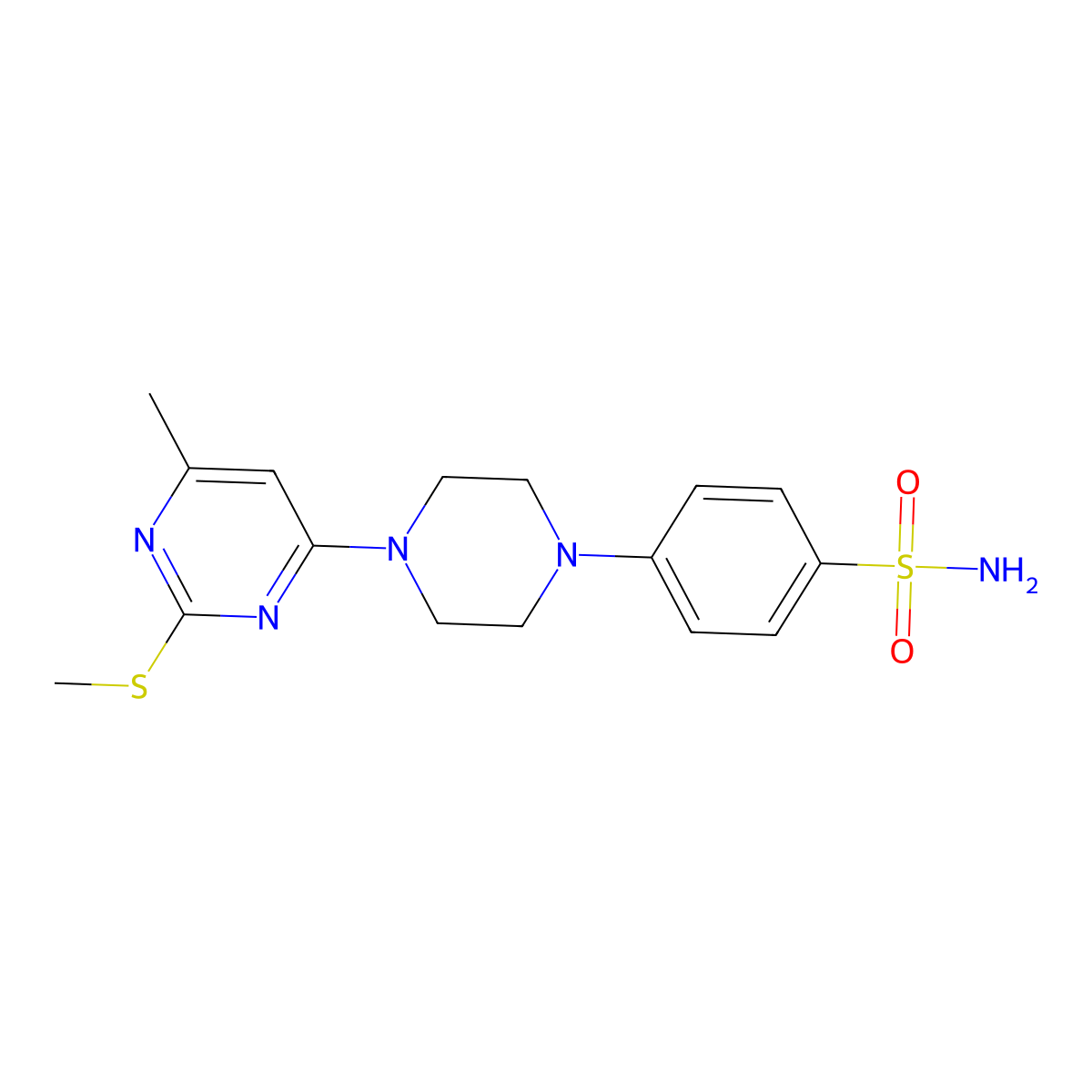 4-{4-[6-Methyl-2-(methylsulfanyl)pyrimidin-4-yl]piperazin-1-yl}benzene-1-sulfonamide molecular structure, CAS 3054636-01-7