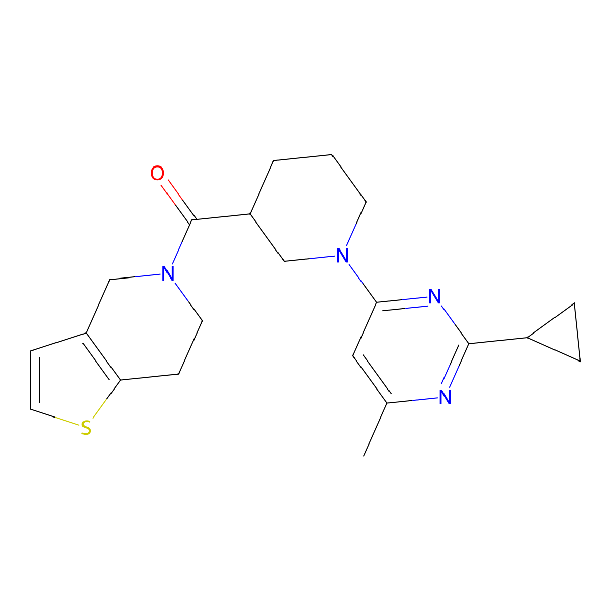 2-cyclopropyl-4-methyl-6-(3-{4H,5H,6H,7H-thieno[3,2-c]pyridine-5-carbonyl}piperidin-1-yl)pyrimidine molecular structure, CAS 3054636-07-3