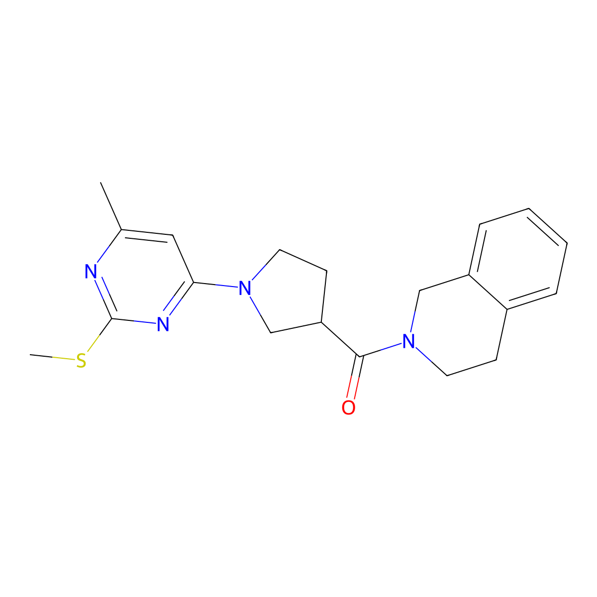 2-{1-[6-Methyl-2-(methylsulfanyl)pyrimidin-4-yl]pyrrolidine-3-carbonyl}-1,2,3,4-tetrahydroisoquinoline molecular structure, CAS 3054636-10-8