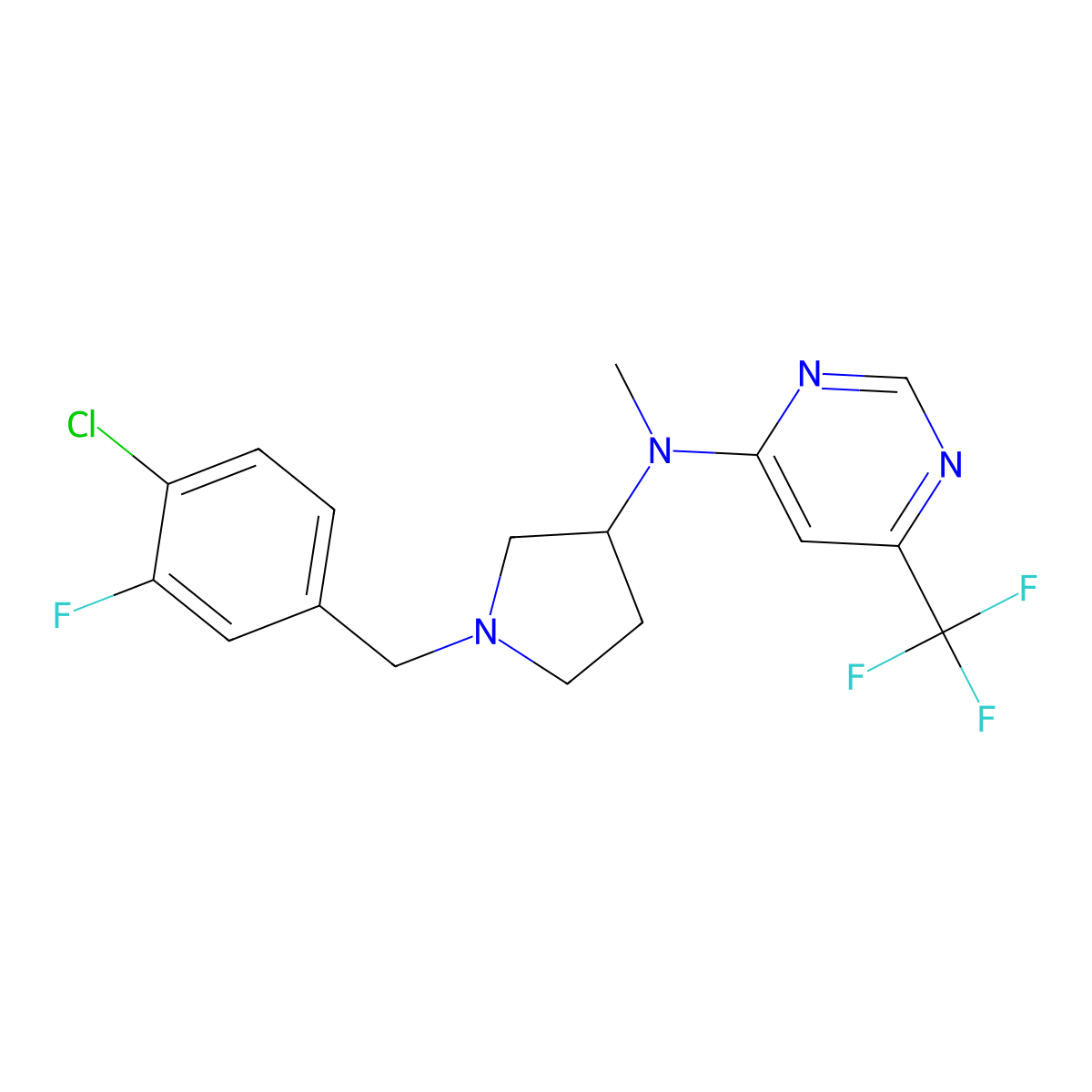 N-{1-[(4-chloro-3-fluorophenyl)methyl]pyrrolidin-3-yl}-N-methyl-6-(trifluoromethyl)pyrimidin-4-amine molecular structure, CAS 3054636-16-4