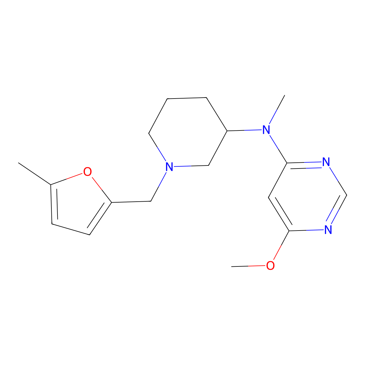 6-methoxy-N-methyl-N-{1-[(5-methylfuran-2-yl)methyl]piperidin-3-yl}pyrimidin-4-amine molecular structure, CAS 3054636-18-6