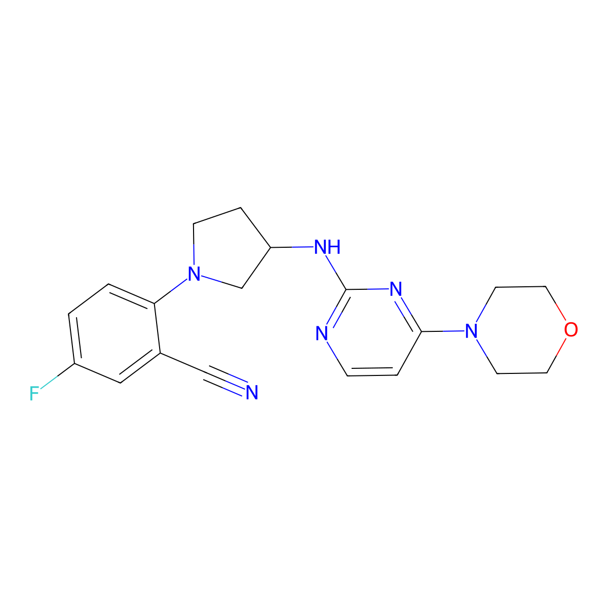 5-Fluoro-2-(3-{[4-(morpholin-4-yl)pyrimidin-2-yl]amino}pyrrolidin-1-yl)benzonitrile molecular structure, CAS 3054636-21-1