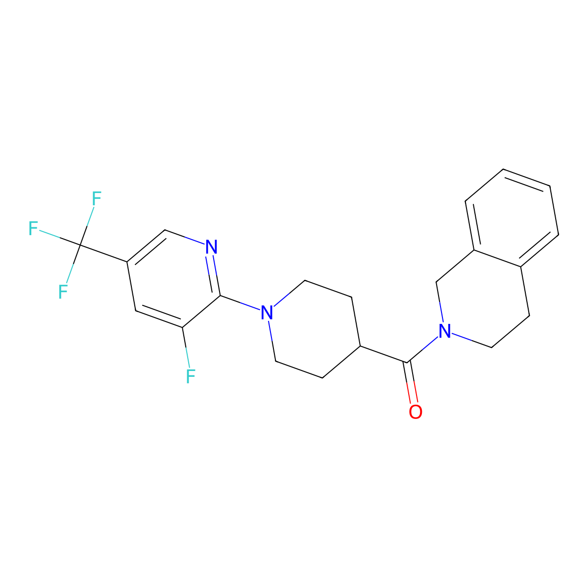 2-{1-[3-Fluoro-5-(trifluoromethyl)pyridin-2-yl]piperidine-4-carbonyl}-1,2,3,4-tetrahydroisoquinoline molecular structure, CAS 3054636-27-7