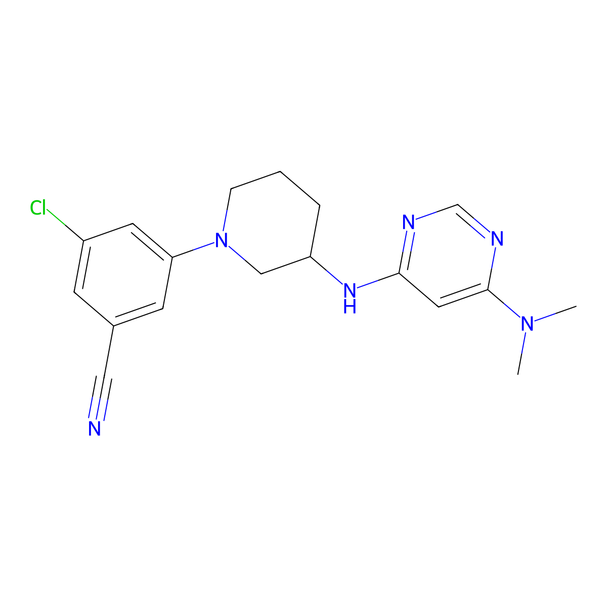 3-Chloro-5-(3-{[6-(dimethylamino)pyrimidin-4-yl]amino}piperidin-1-yl)benzonitrile molecular structure, CAS 3054636-42-6