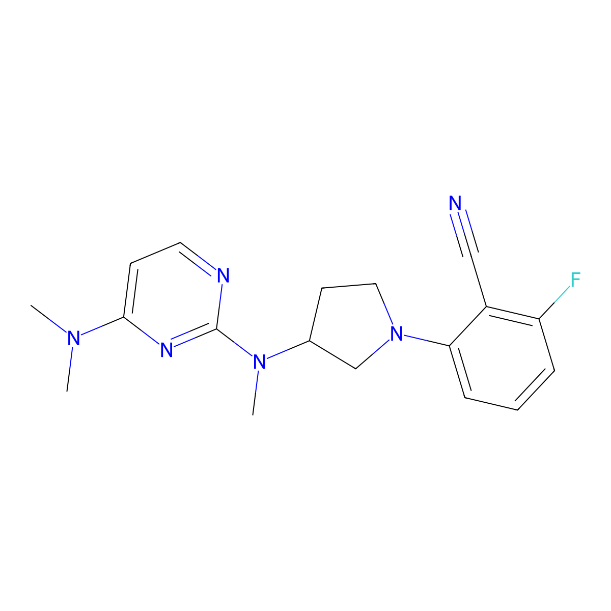 2-(3-{[4-(Dimethylamino)pyrimidin-2-yl](methyl)amino}pyrrolidin-1-yl)-6-fluorobenzonitrile molecular structure, CAS 3054636-51-7
