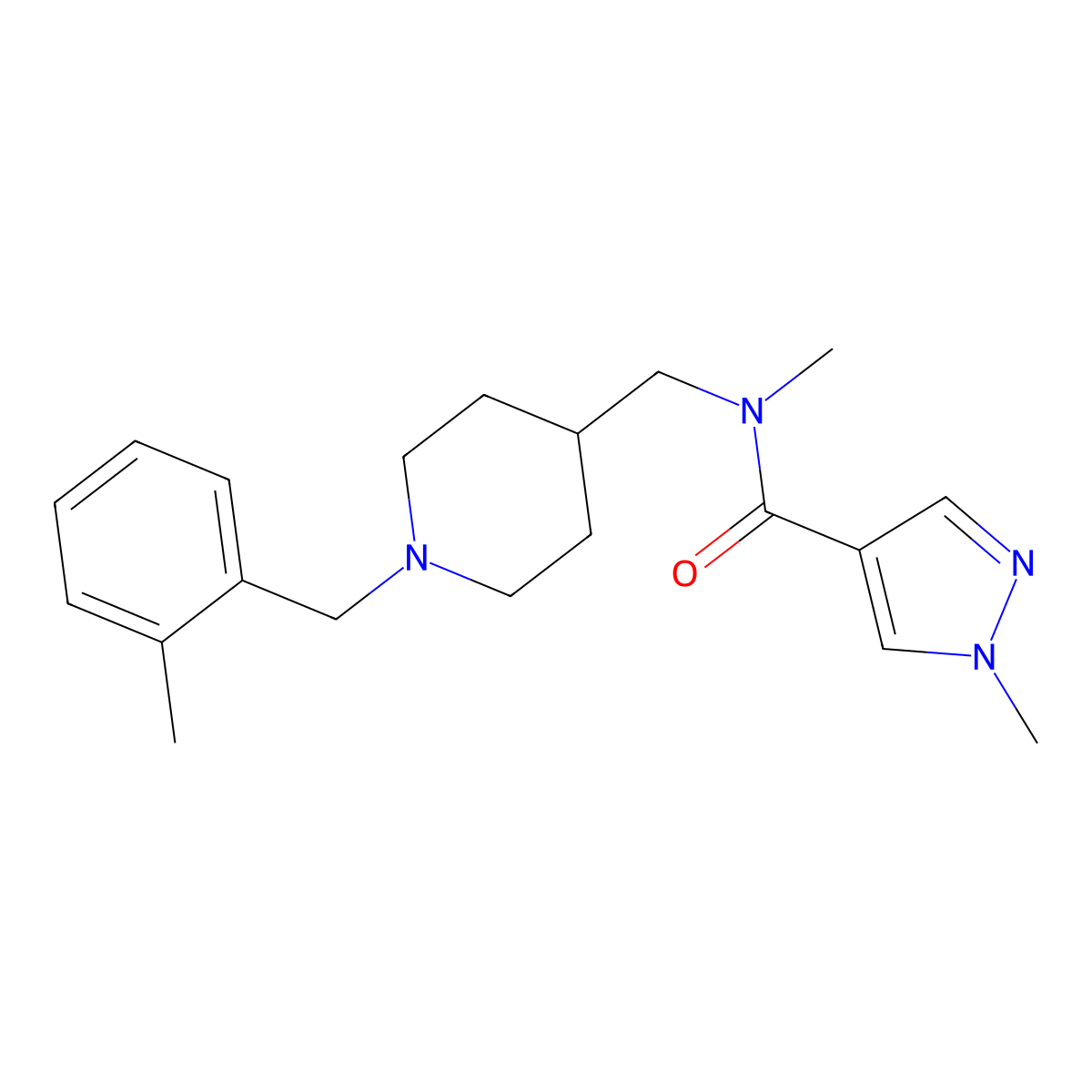 N,1-dimethyl-N-({1-[(2-methylphenyl)methyl]piperidin-4-yl}methyl)-1H-pyrazole-4-carboxamide molecular structure, CAS 3054636-57-3