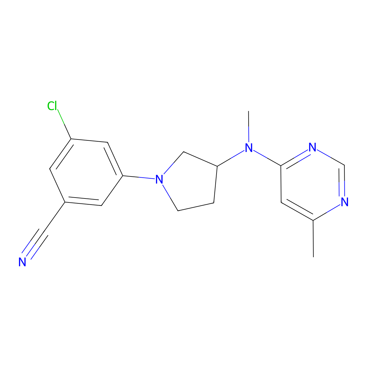 3-Chloro-5-{3-[methyl(6-methylpyrimidin-4-yl)amino]pyrrolidin-1-yl}benzonitrile molecular structure, CAS 3054636-64-2