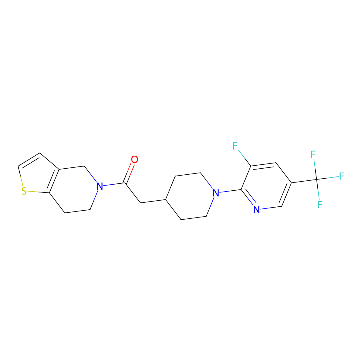 2-{1-[3-fluoro-5-(trifluoromethyl)pyridin-2-yl]piperidin-4-yl}-1-{4H,5H,6H,7H-thieno[3,2-c]pyridin-5-yl}ethan-1-one molecular structure, CAS 3054636-69-7