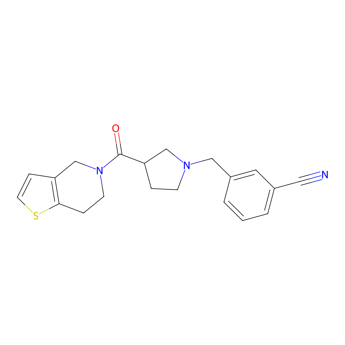 3-[(3-{4H,5H,6H,7H-thieno[3,2-c]pyridine-5-carbonyl}pyrrolidin-1-yl)methyl]benzonitrile molecular structure, CAS 3054636-70-0