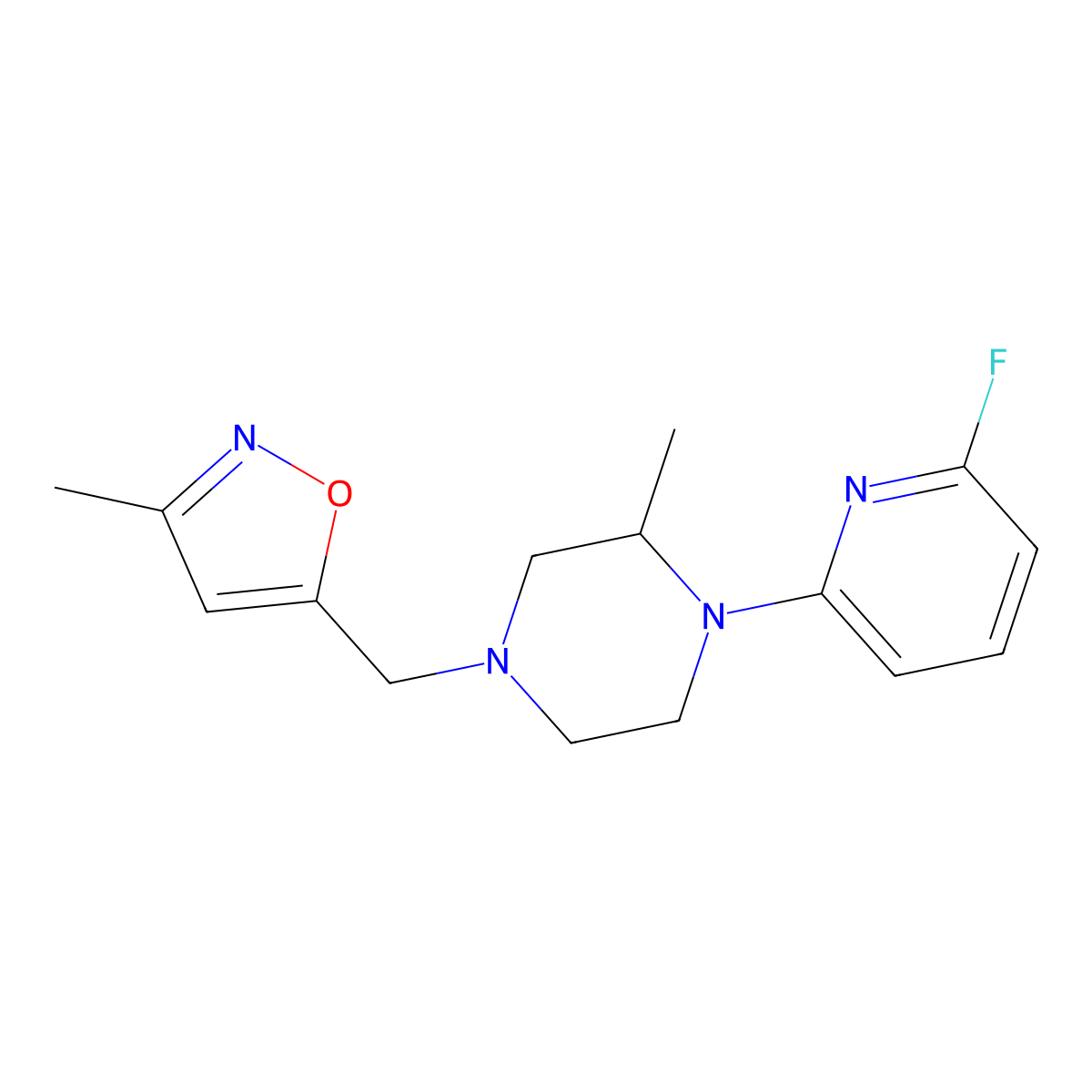 5-[[4-(6-Fluoropyridin-2-yl)-3-methylpiperazin-1-yl]methyl]-3-methyl-1,2-oxazole molecular structure, CAS 3054636-76-6