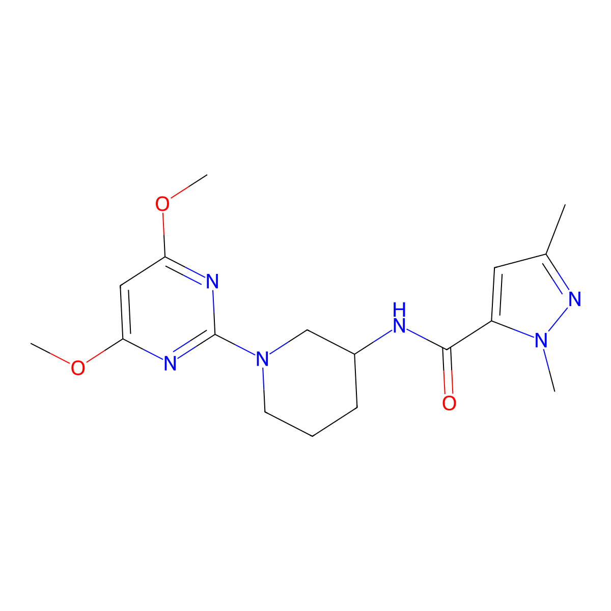 N-[1-(4,6-dimethoxypyrimidin-2-yl)piperidin-3-yl]-1,3-dimethyl-1H-pyrazole-5-carboxamide molecular structure, CAS 3054636-77-7