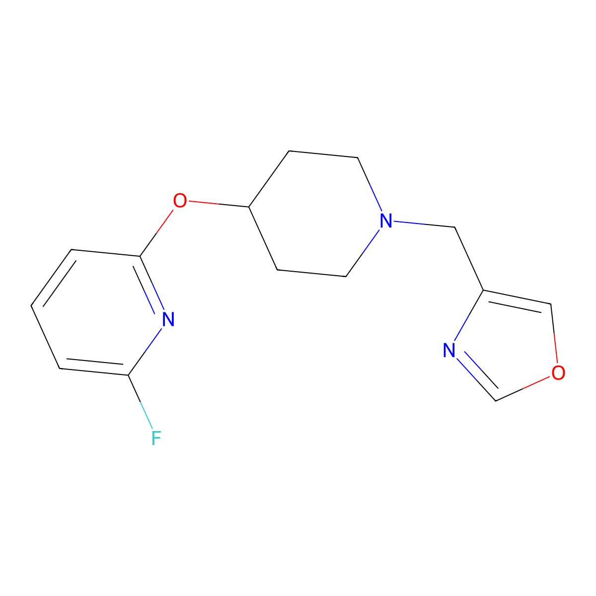 2-Fluoro-6-({1-[(1,3-oxazol-4-yl)methyl]piperidin-4-yl}oxy)pyridine molecular structure, CAS 3054636-88-0