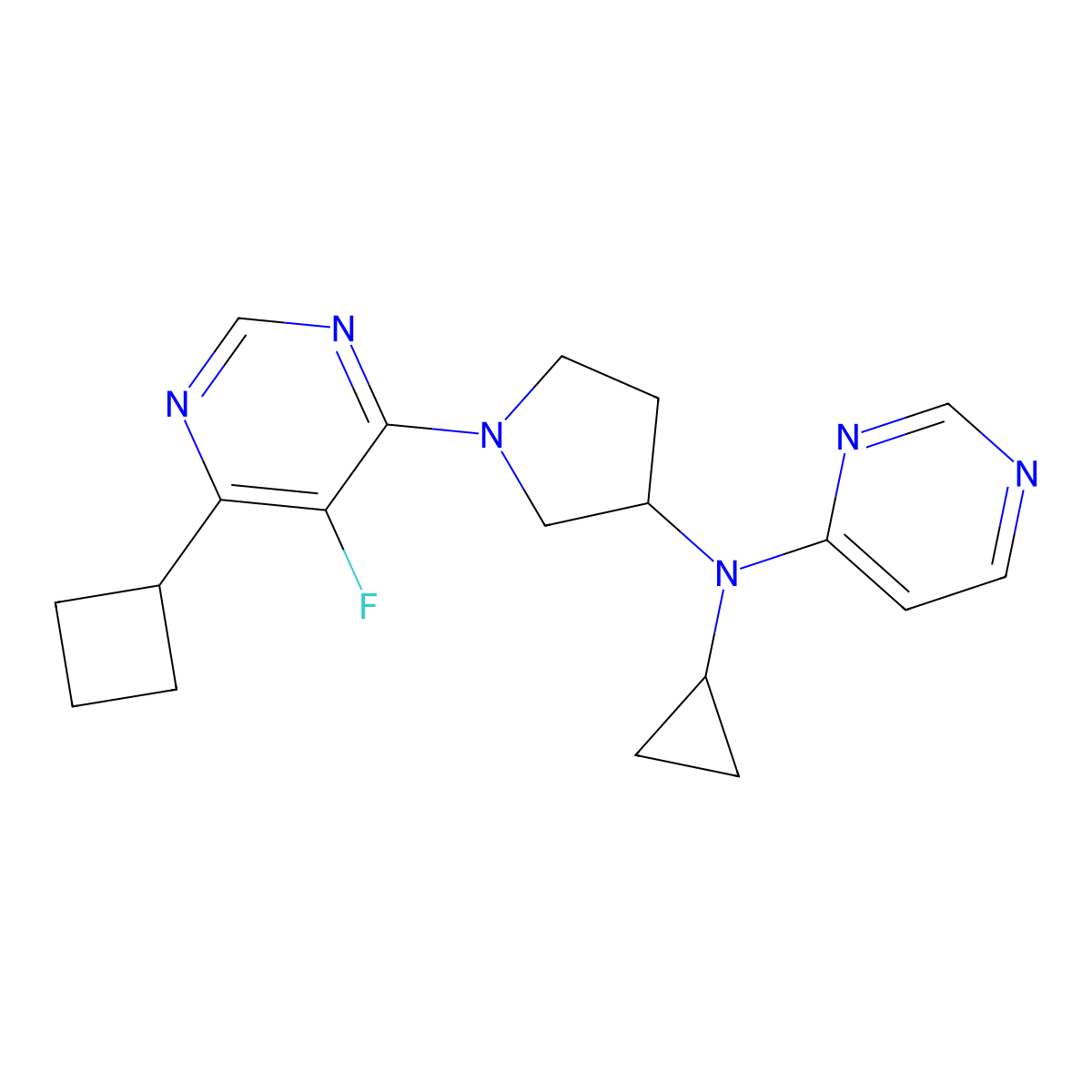 N-[1-(6-cyclobutyl-5-fluoropyrimidin-4-yl)pyrrolidin-3-yl]-N-cyclopropylpyrimidin-4-amine molecular structure, CAS 3054636-91-5