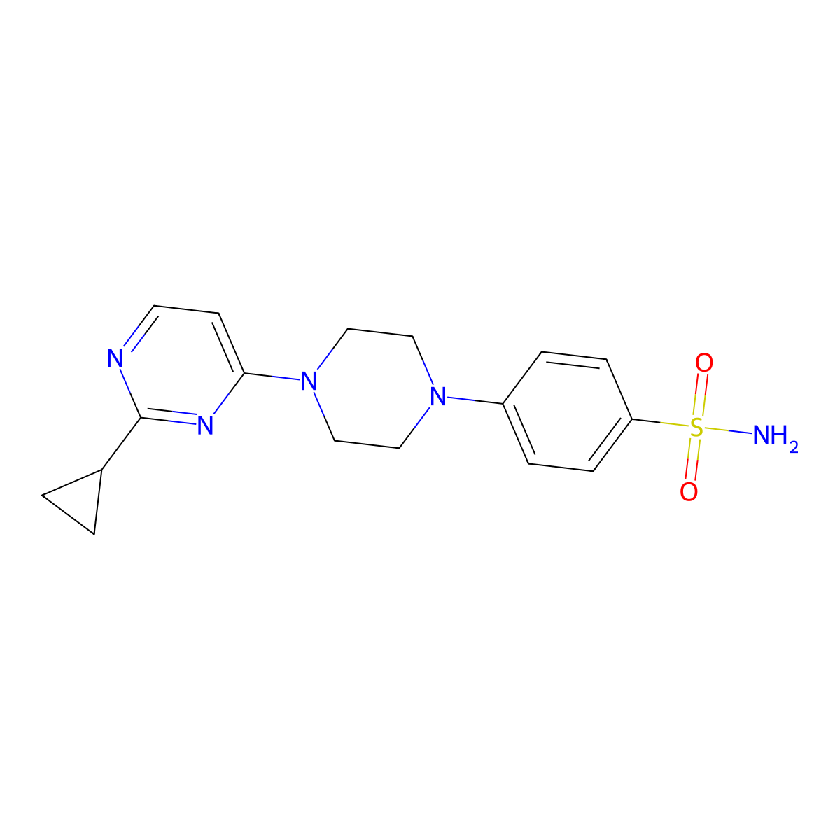 4-[4-(2-Cyclopropylpyrimidin-4-yl)piperazin-1-yl]benzene-1-sulfonamide molecular structure, CAS 3054637-13-4