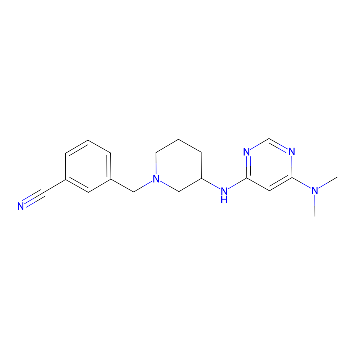 3-[(3-{[6-(Dimethylamino)pyrimidin-4-yl]amino}piperidin-1-yl)methyl]benzonitrile molecular structure, CAS 3054637-17-8