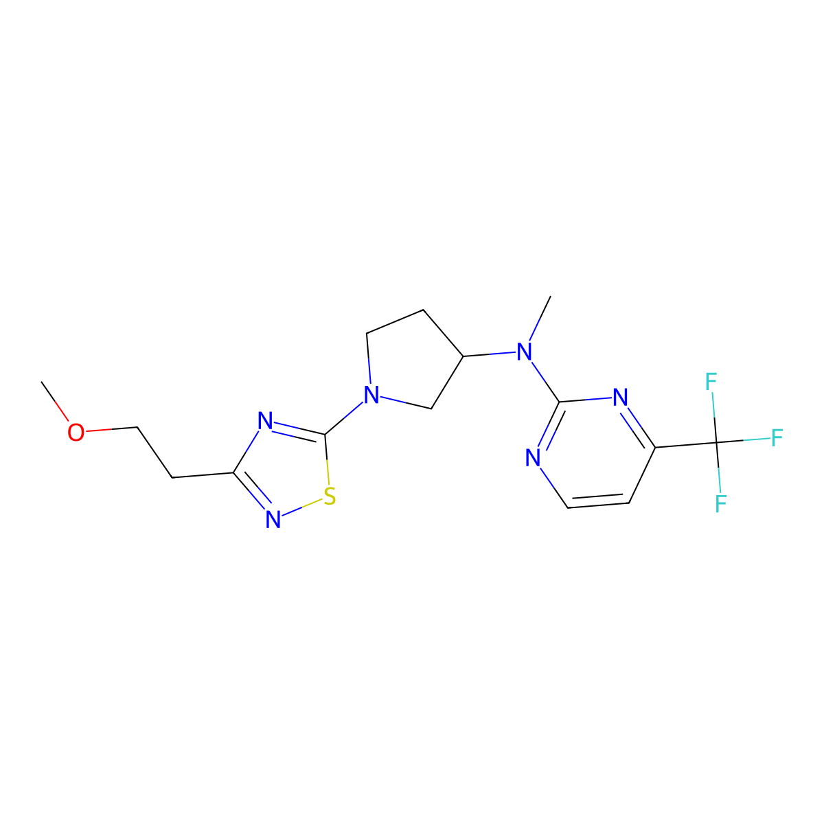 N-{1-[3-(2-methoxyethyl)-1,2,4-thiadiazol-5-yl]pyrrolidin-3-yl}-N-methyl-4-(trifluoromethyl)pyrimidin-2-amine molecular structure, CAS 3054637-18-9