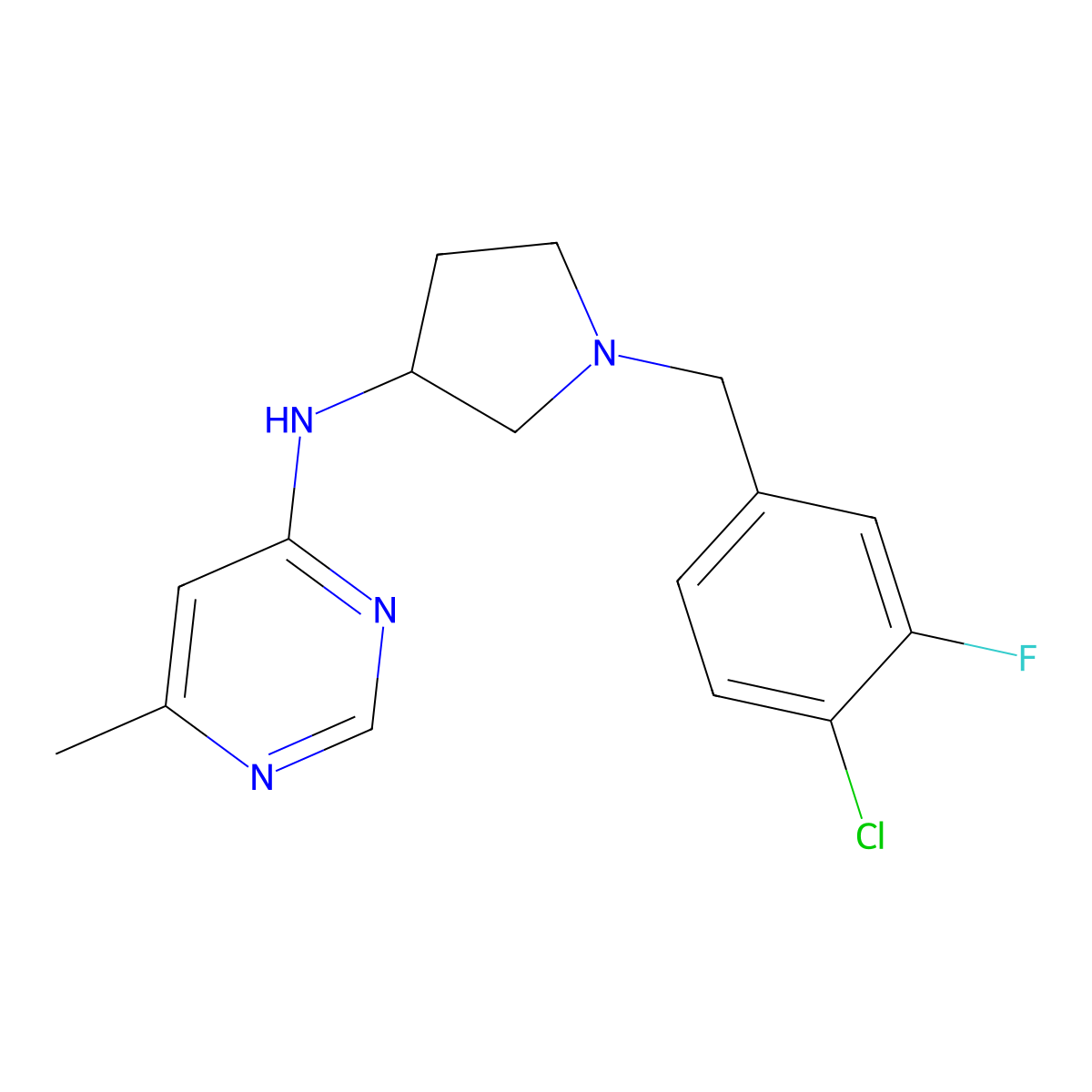 N-{1-[(4-chloro-3-fluorophenyl)methyl]pyrrolidin-3-yl}-6-methylpyrimidin-4-amine molecular structure, CAS 3054637-24-7