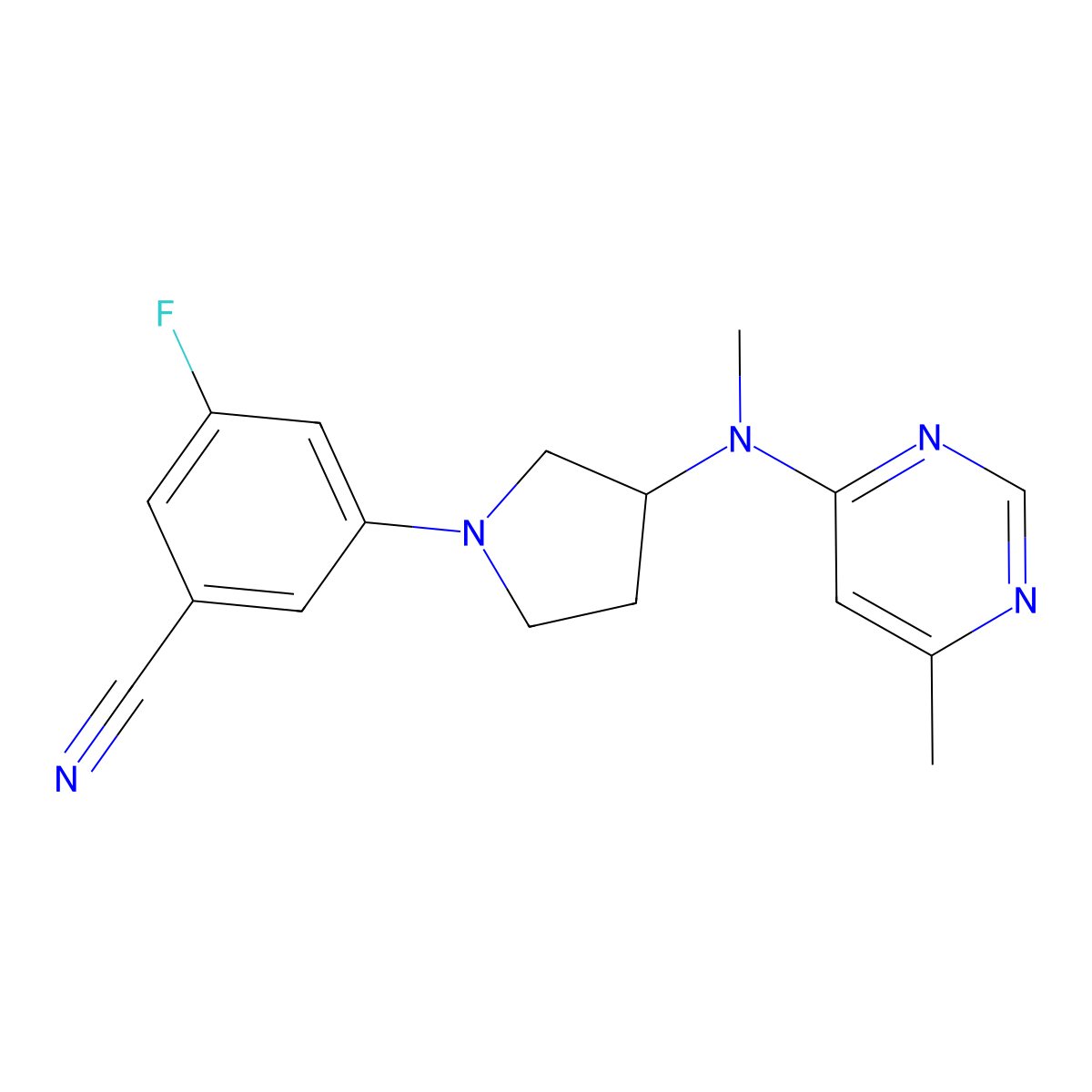 3-Fluoro-5-{3-[methyl(6-methylpyrimidin-4-yl)amino]pyrrolidin-1-yl}benzonitrile molecular structure, CAS 3054637-25-8