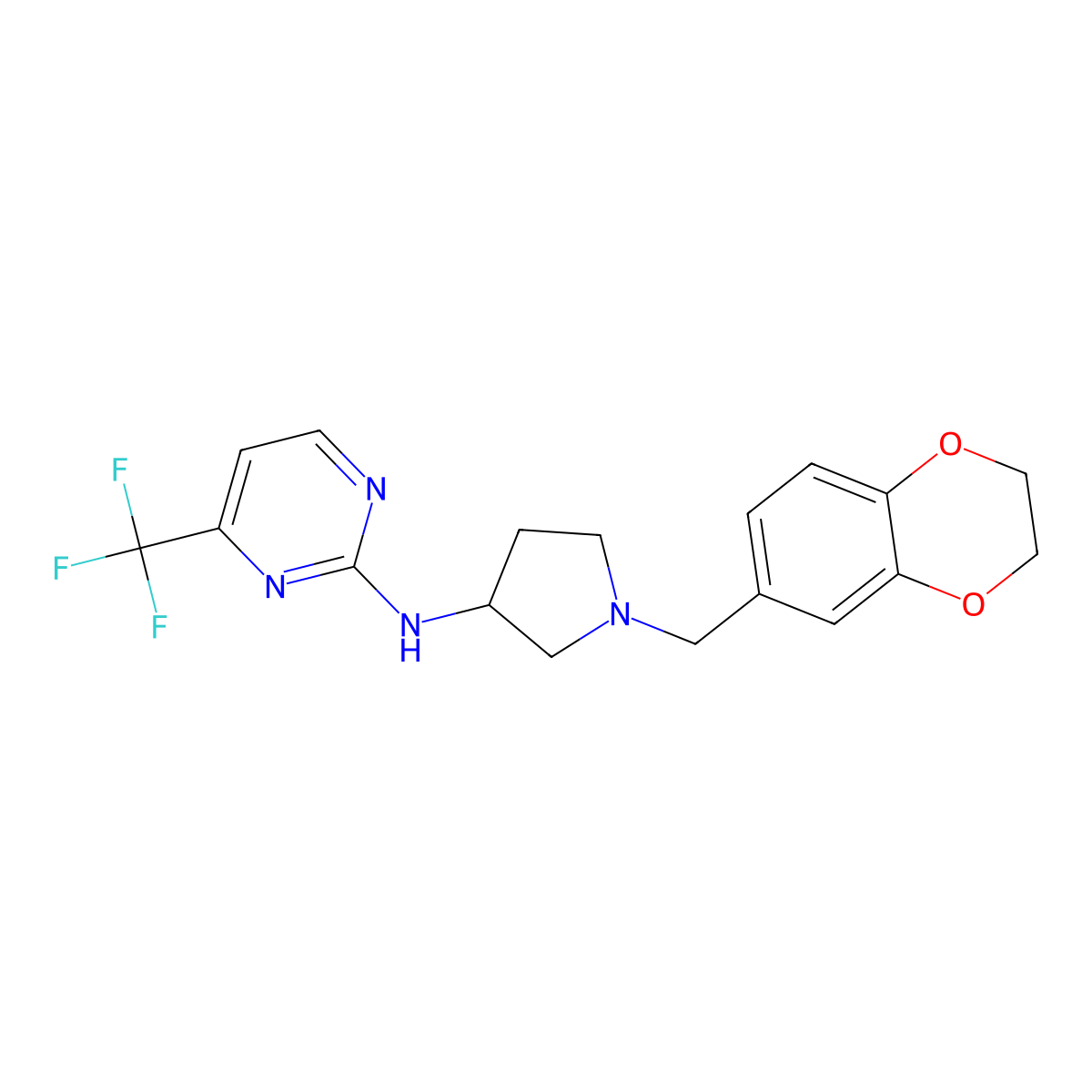 N-{1-[(2,3-dihydro-1,4-benzodioxin-6-yl)methyl]pyrrolidin-3-yl}-4-(trifluoromethyl)pyrimidin-2-amine molecular structure, CAS 3054637-30-5