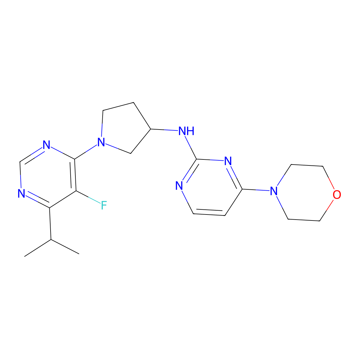 N-{1-[5-fluoro-6-(propan-2-yl)pyrimidin-4-yl]pyrrolidin-3-yl}-4-(morpholin-4-yl)pyrimidin-2-amine molecular structure, CAS 3054637-34-9
