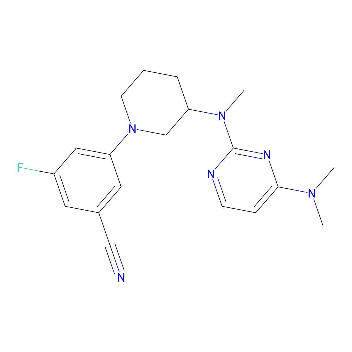 3-(3-{[4-(Dimethylamino)pyrimidin-2-yl](methyl)amino}piperidin-1-yl)-5-fluorobenzonitrile molecular structure, CAS 3054637-35-0