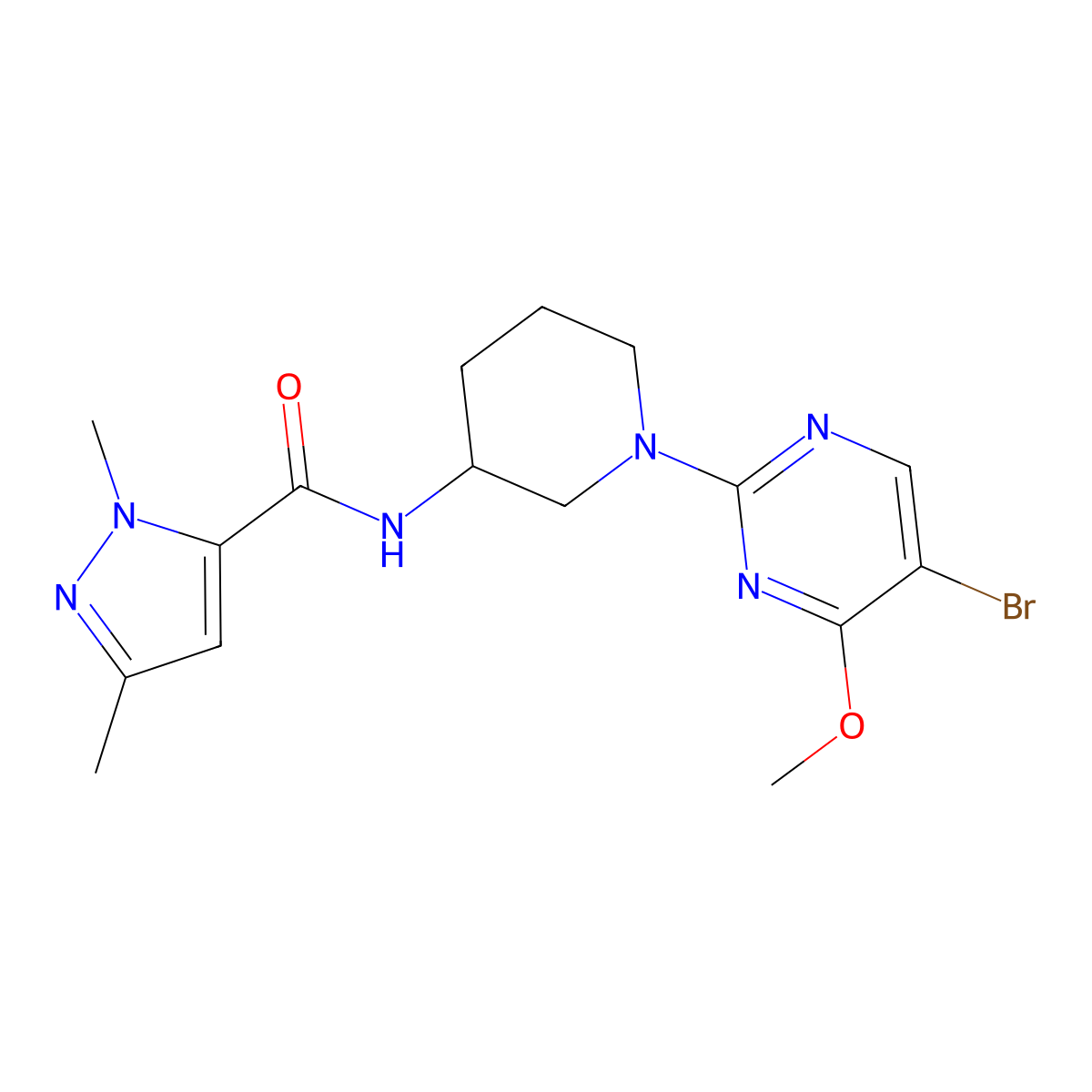 N-[1-(5-bromo-4-methoxypyrimidin-2-yl)piperidin-3-yl]-1,3-dimethyl-1H-pyrazole-5-carboxamide molecular structure, CAS 3054637-39-4