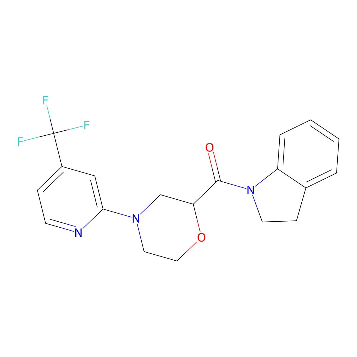 1-{4-[4-(trifluoromethyl)pyridin-2-yl]morpholine-2-carbonyl}-2,3-dihydro-1H-indole molecular structure, CAS 3054637-40-7