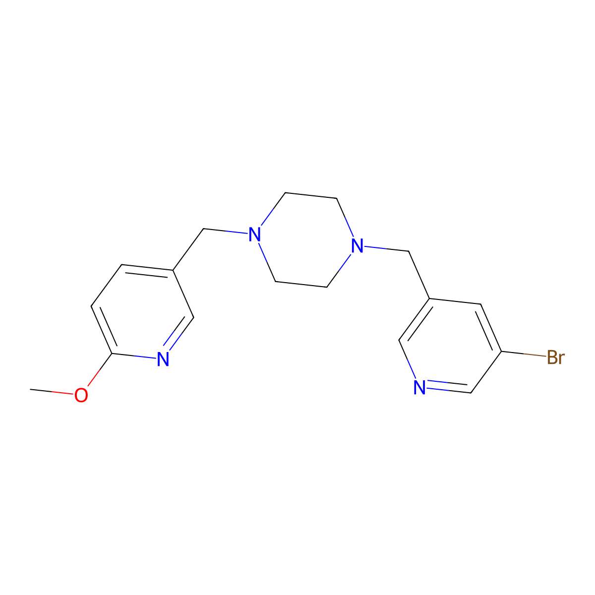 1-[(5-Bromopyridin-3-yl)methyl]-4-[(6-methoxypyridin-3-yl)methyl]piperazine molecular structure, CAS 3054637-41-8