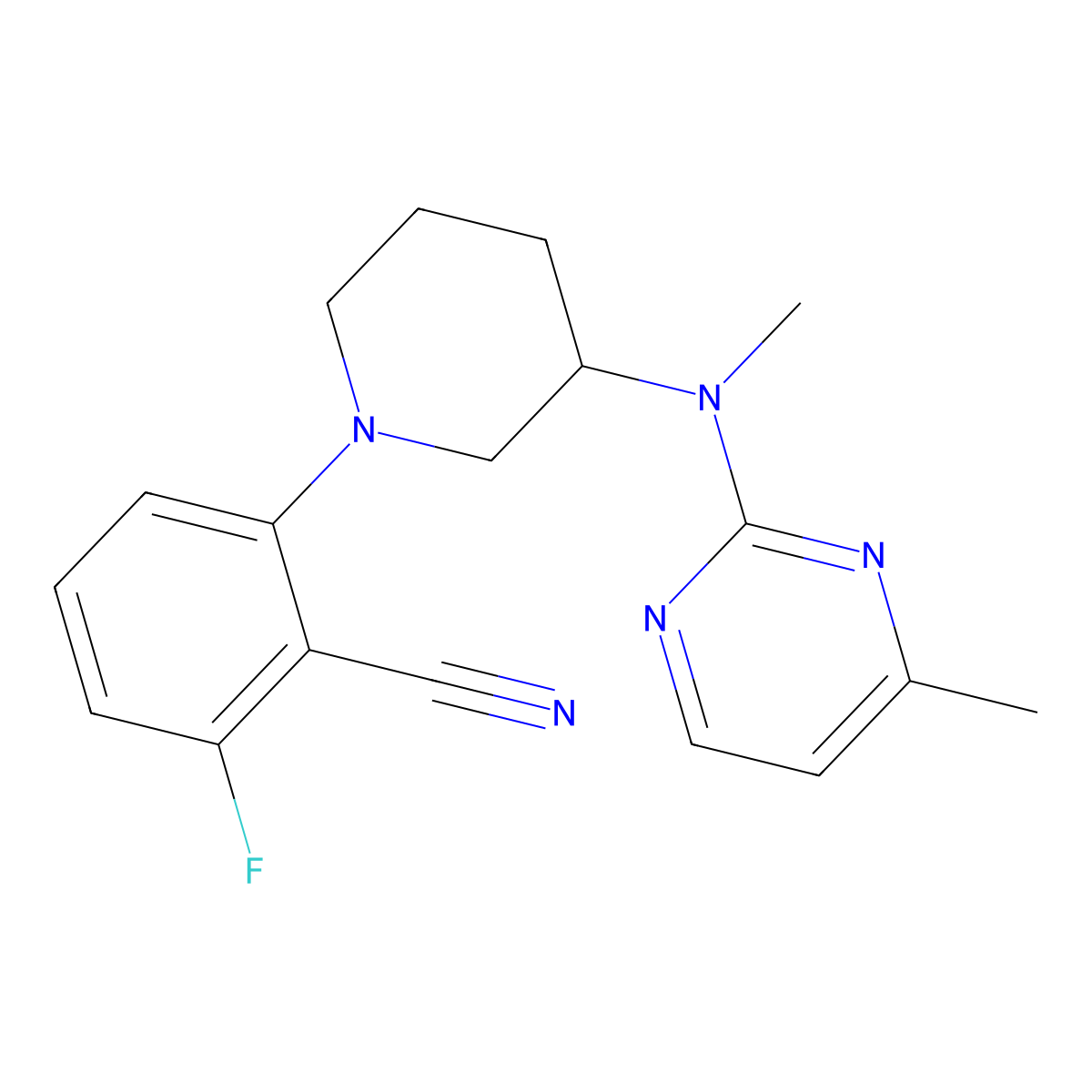 2-Fluoro-6-[3-[methyl-(4-methylpyrimidin-2-yl)amino]piperidin-1-yl]benzonitrile molecular structure, CAS 3054637-57-6