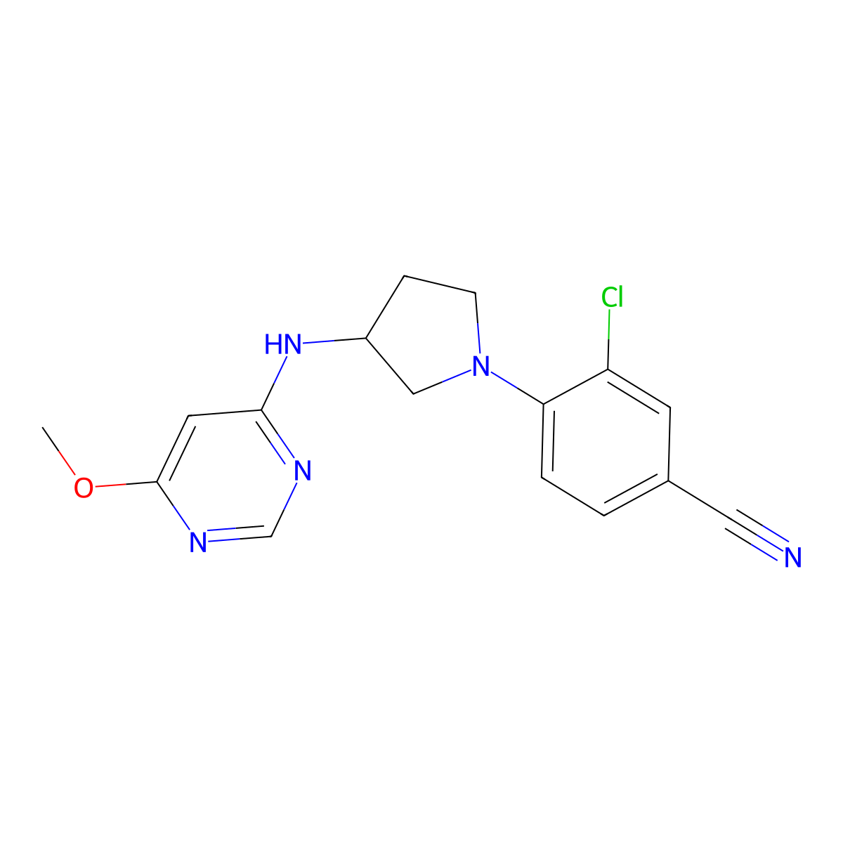 3-Chloro-4-{3-[(6-methoxypyrimidin-4-yl)amino]pyrrolidin-1-yl}benzonitrile molecular structure, CAS 3054637-64-5