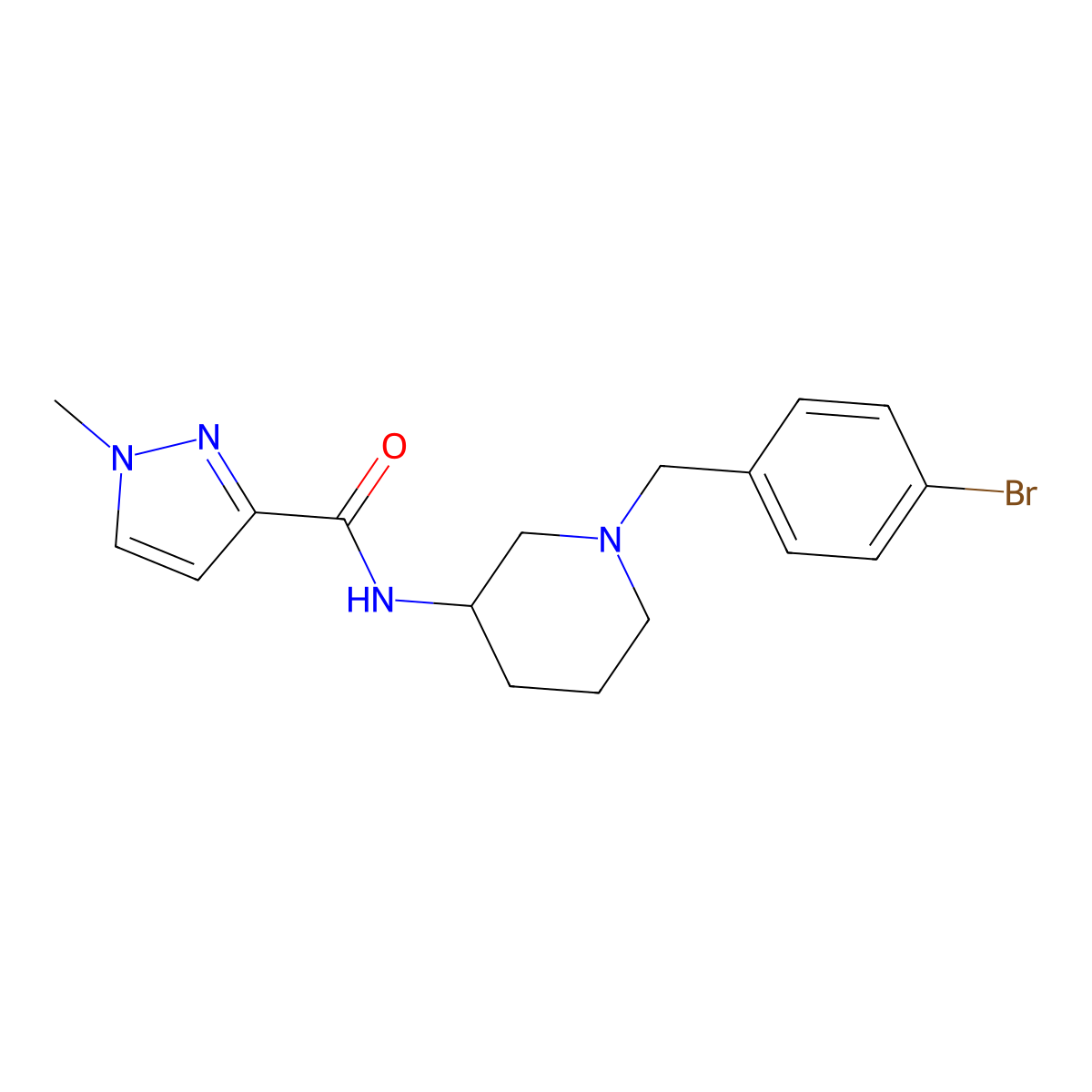 N-{1-[(4-bromophenyl)methyl]piperidin-3-yl}-1-methyl-1H-pyrazole-3-carboxamide molecular structure, CAS 3054637-65-6