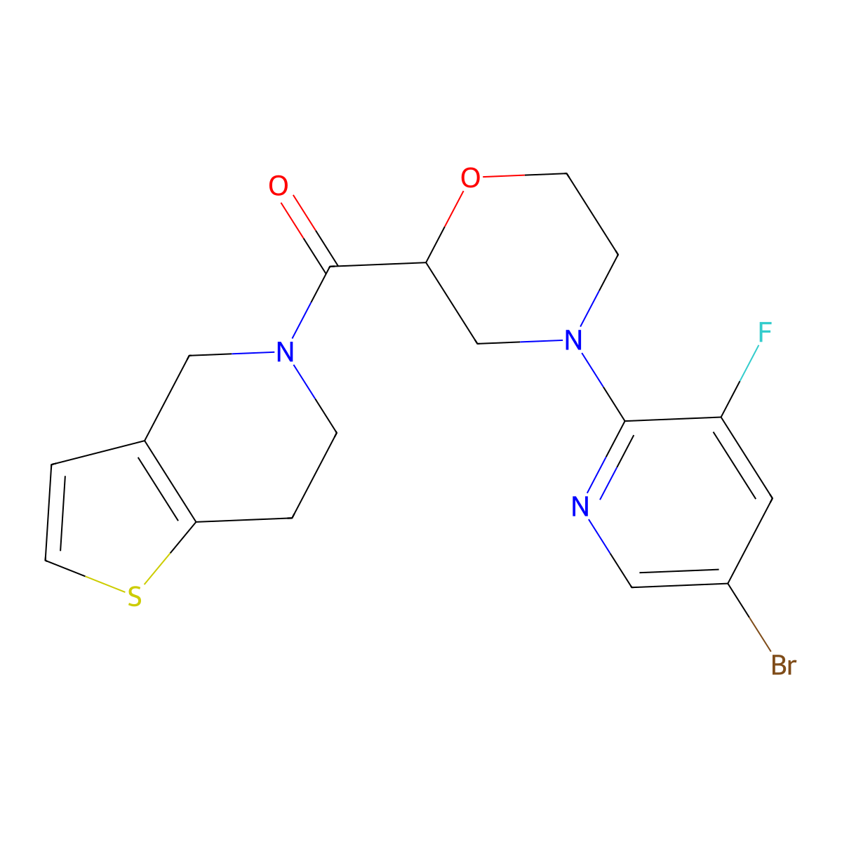 4-(5-bromo-3-fluoropyridin-2-yl)-2-{4H,5H,6H,7H-thieno[3,2-c]pyridine-5-carbonyl}morpholine molecular structure, CAS 3054637-71-4