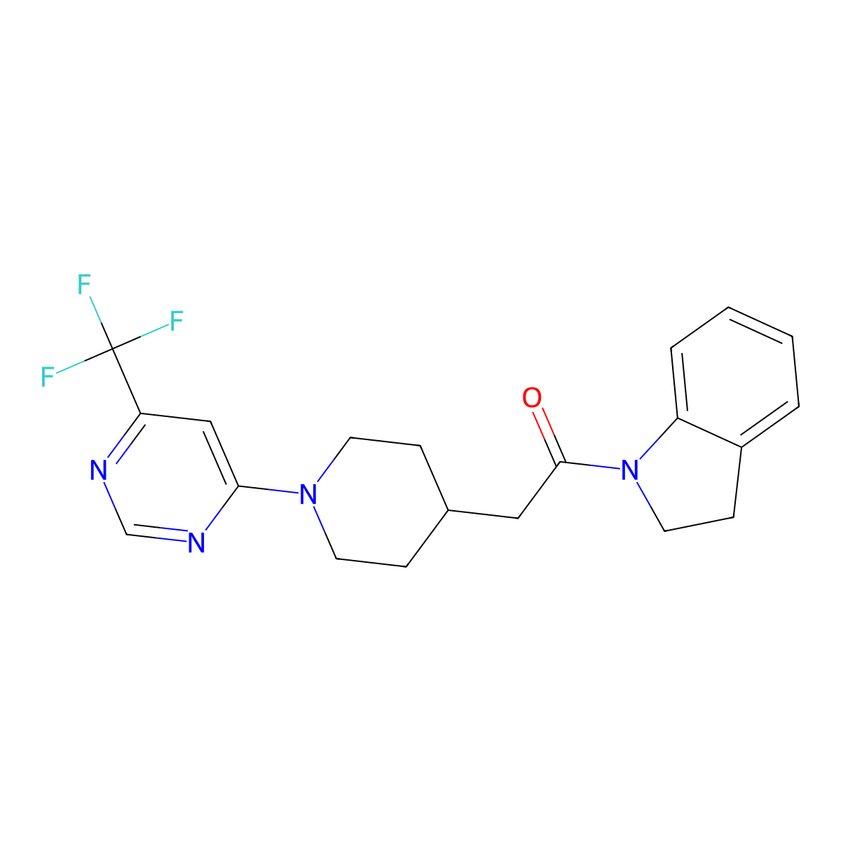 1-(2,3-dihydro-1H-indol-1-yl)-2-{1-[6-(trifluoromethyl)pyrimidin-4-yl]piperidin-4-yl}ethan-1-one molecular structure, CAS 3054637-74-7