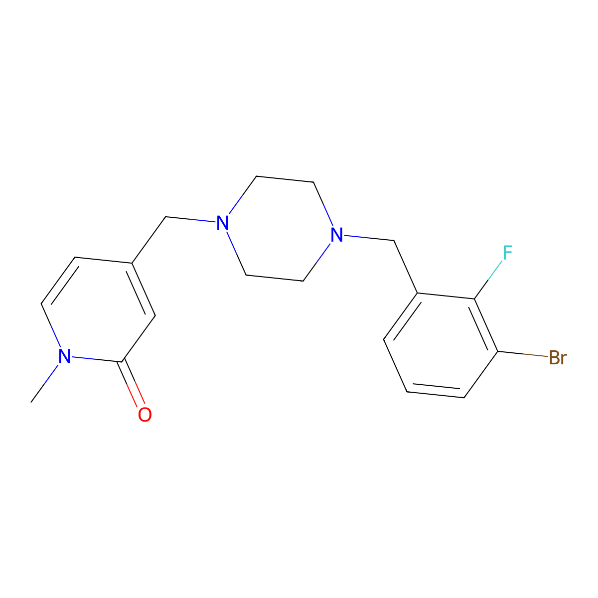 4-({4-[(3-Bromo-2-fluorophenyl)methyl]piperazin-1-yl}methyl)-1-methyl-1,2-dihydropyridin-2-one molecular structure, CAS 3054637-76-9