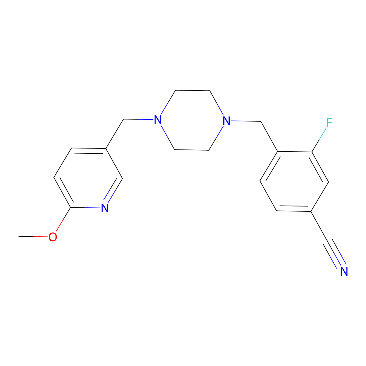 3-Fluoro-4-({4-[(6-methoxypyridin-3-yl)methyl]piperazin-1-yl}methyl)benzonitrile molecular structure, CAS 3054637-79-2