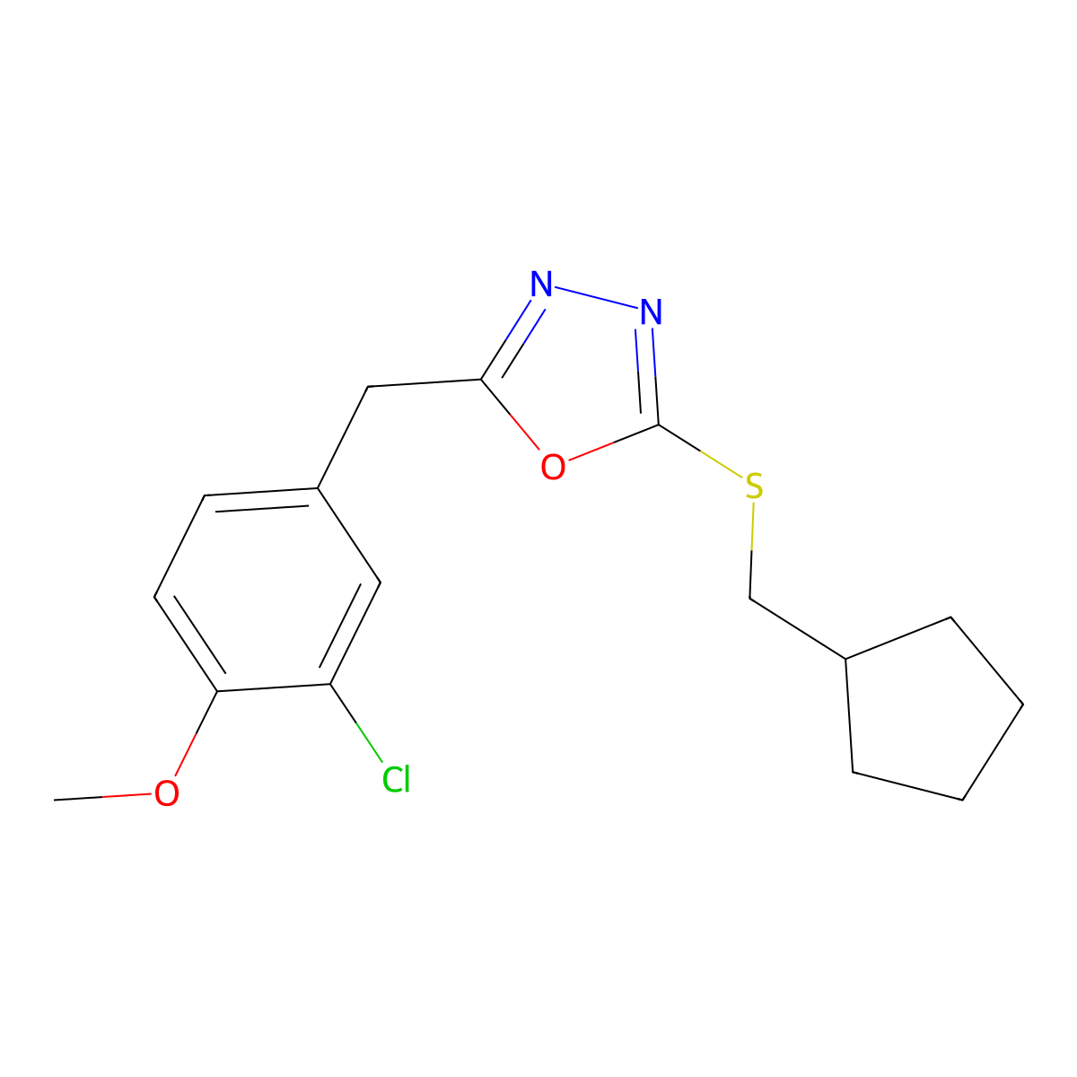 2-[(3-Chloro-4-methoxyphenyl)methyl]-5-[(cyclopentylmethyl)sulfanyl]-1,3,4-oxadiazole molecular structure, CAS 3054637-80-5