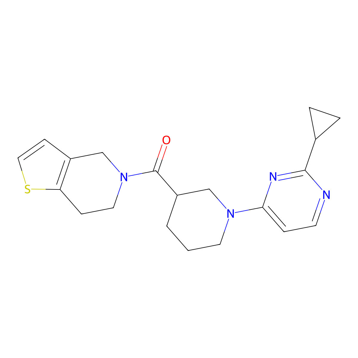 2-cyclopropyl-4-(3-{4H,5H,6H,7H-thieno[3,2-c]pyridine-5-carbonyl}piperidin-1-yl)pyrimidine molecular structure, CAS 3054637-83-8