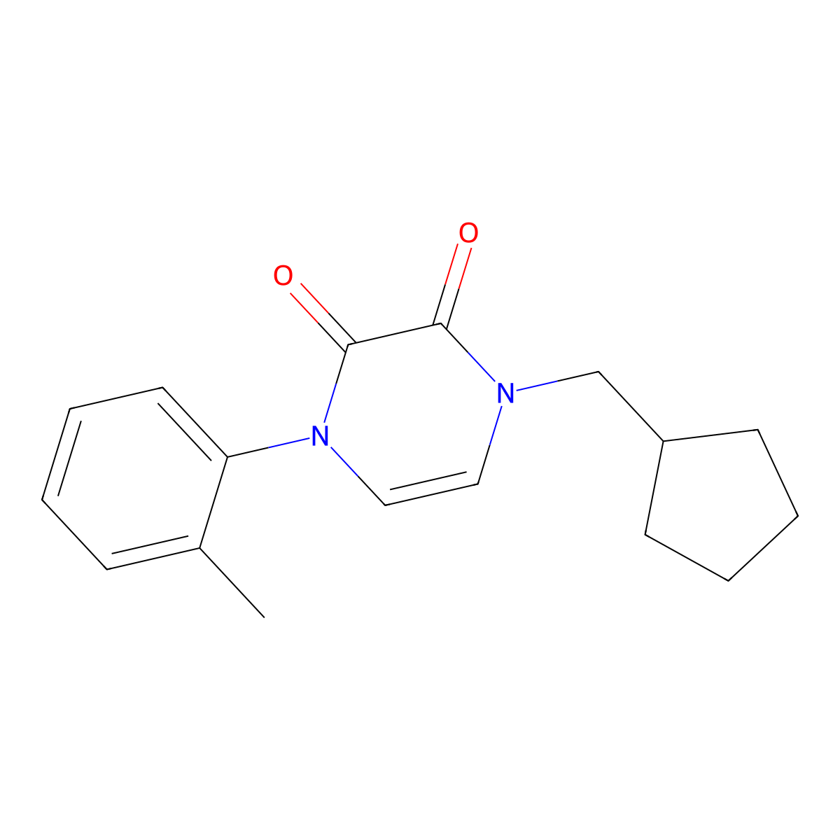 1-(Cyclopentylmethyl)-4-(2-methylphenyl)-1,2,3,4-tetrahydropyrazine-2,3-dione molecular structure, CAS 3054637-89-4