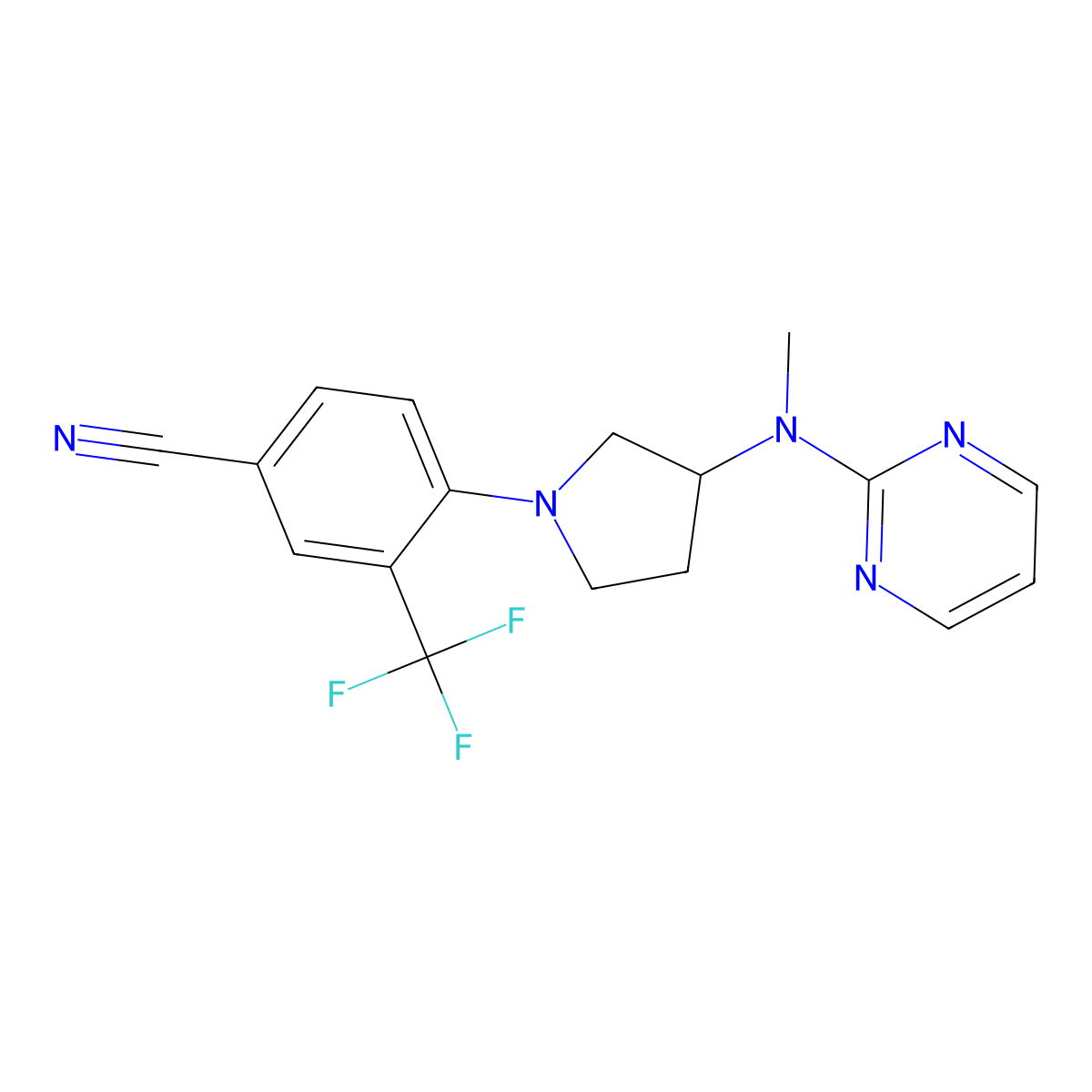4-{3-[Methyl(pyrimidin-2-yl)amino]pyrrolidin-1-yl}-3-(trifluoromethyl)benzonitrile molecular structure, CAS 3054637-99-6