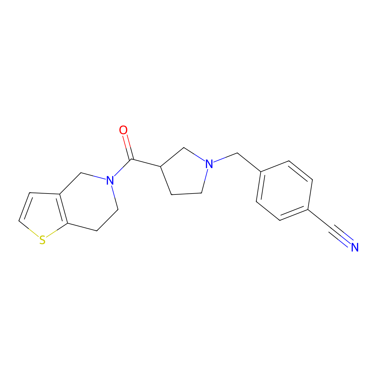 4-[(3-{4H,5H,6H,7H-thieno[3,2-c]pyridine-5-carbonyl}pyrrolidin-1-yl)methyl]benzonitrile molecular structure, CAS 3054638-05-7