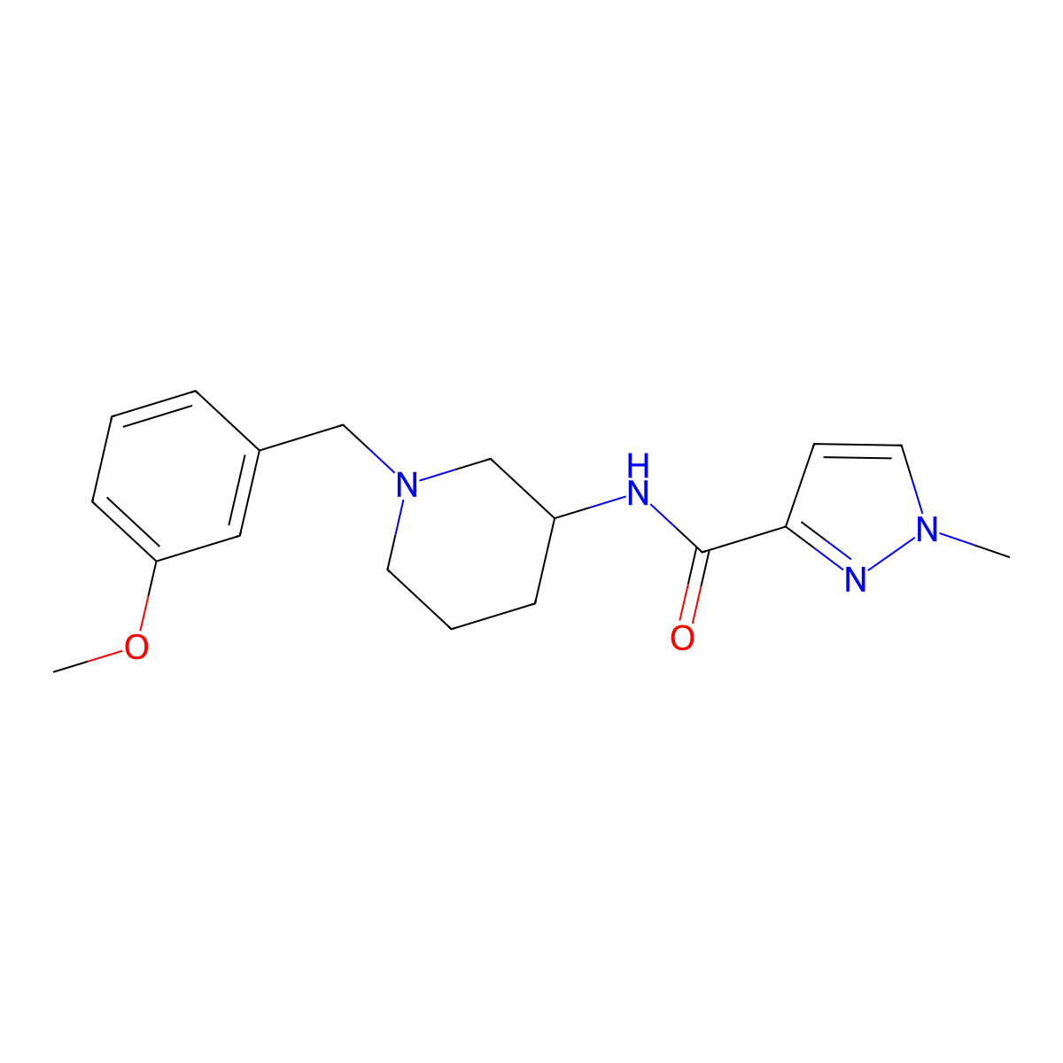 N-{1-[(3-methoxyphenyl)methyl]piperidin-3-yl}-1-methyl-1H-pyrazole-3-carboxamide molecular structure, CAS 3054638-08-0