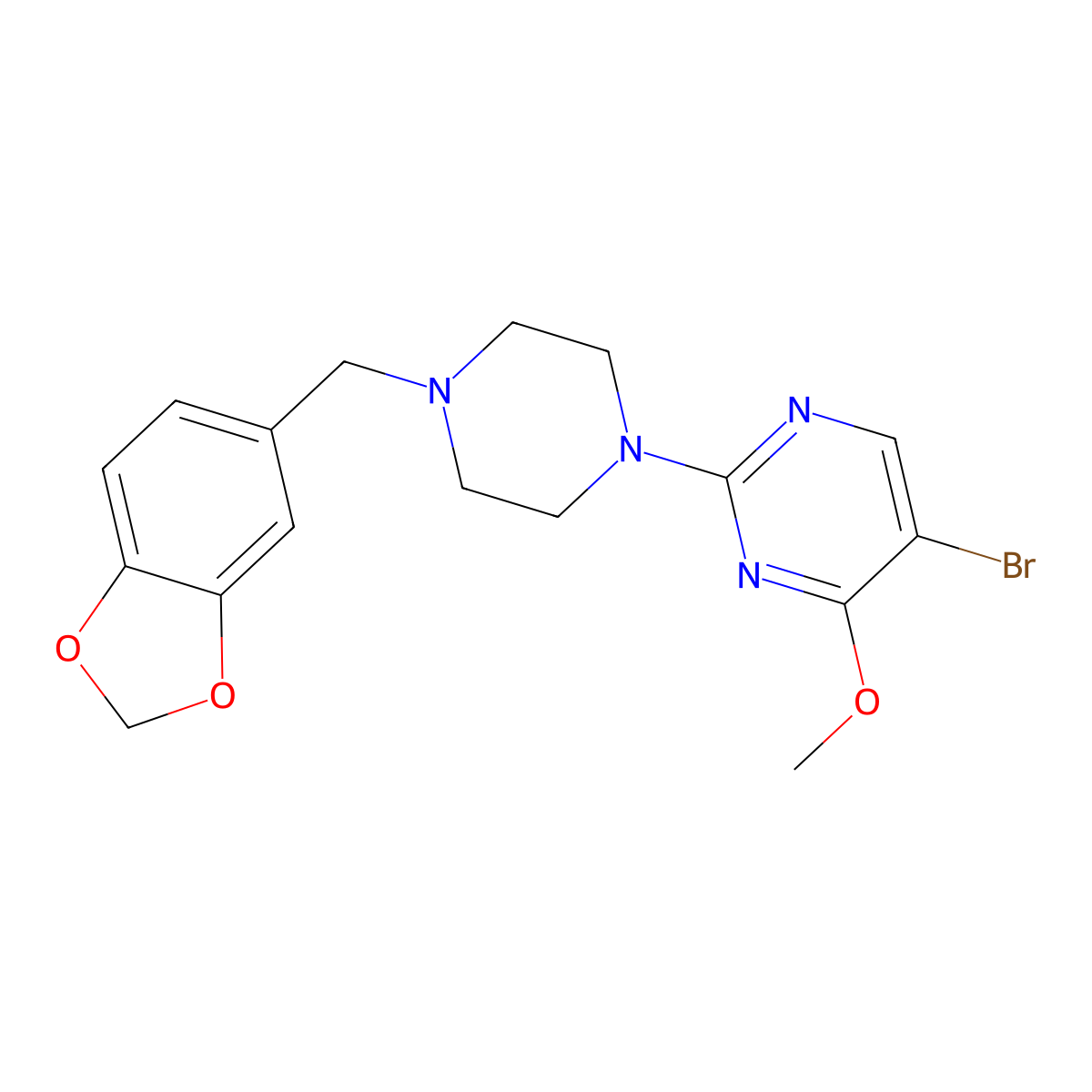 2-[4-(1,3-Benzodioxol-5-ylmethyl)piperazin-1-yl]-5-bromo-4-methoxypyrimidine molecular structure, CAS 3054638-13-7