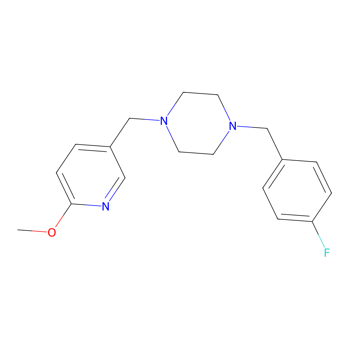 1-[(4-Fluorophenyl)methyl]-4-[(6-methoxypyridin-3-yl)methyl]piperazine molecular structure, CAS 3054638-16-0