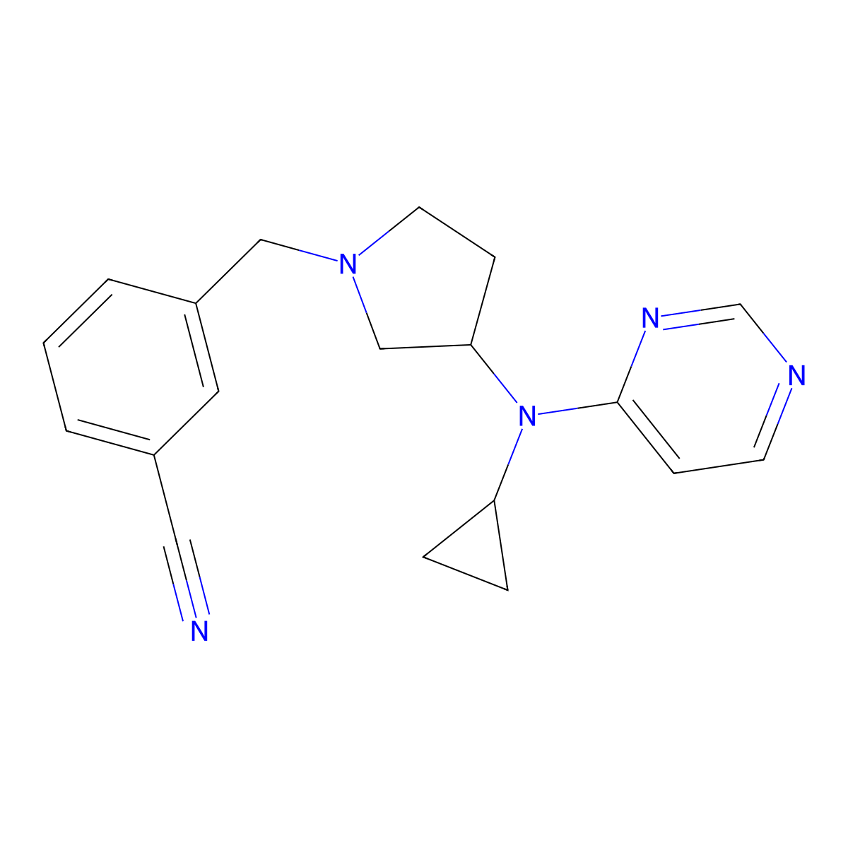 3-({3-[Cyclopropyl(pyrimidin-4-yl)amino]pyrrolidin-1-yl}methyl)benzonitrile molecular structure, CAS 3054638-17-1