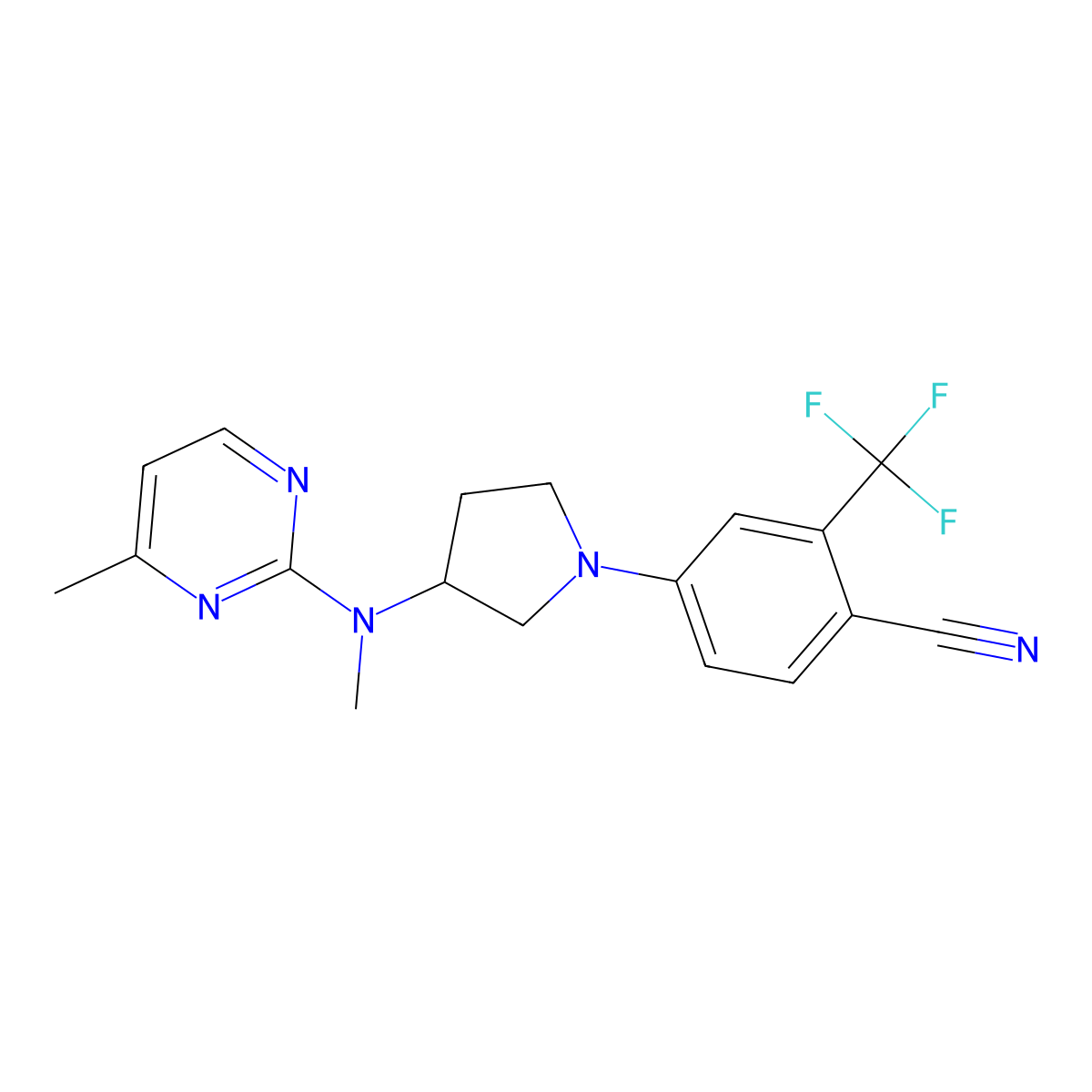 4-{3-[Methyl(4-methylpyrimidin-2-yl)amino]pyrrolidin-1-yl}-2-(trifluoromethyl)benzonitrile molecular structure, CAS 3054638-22-8