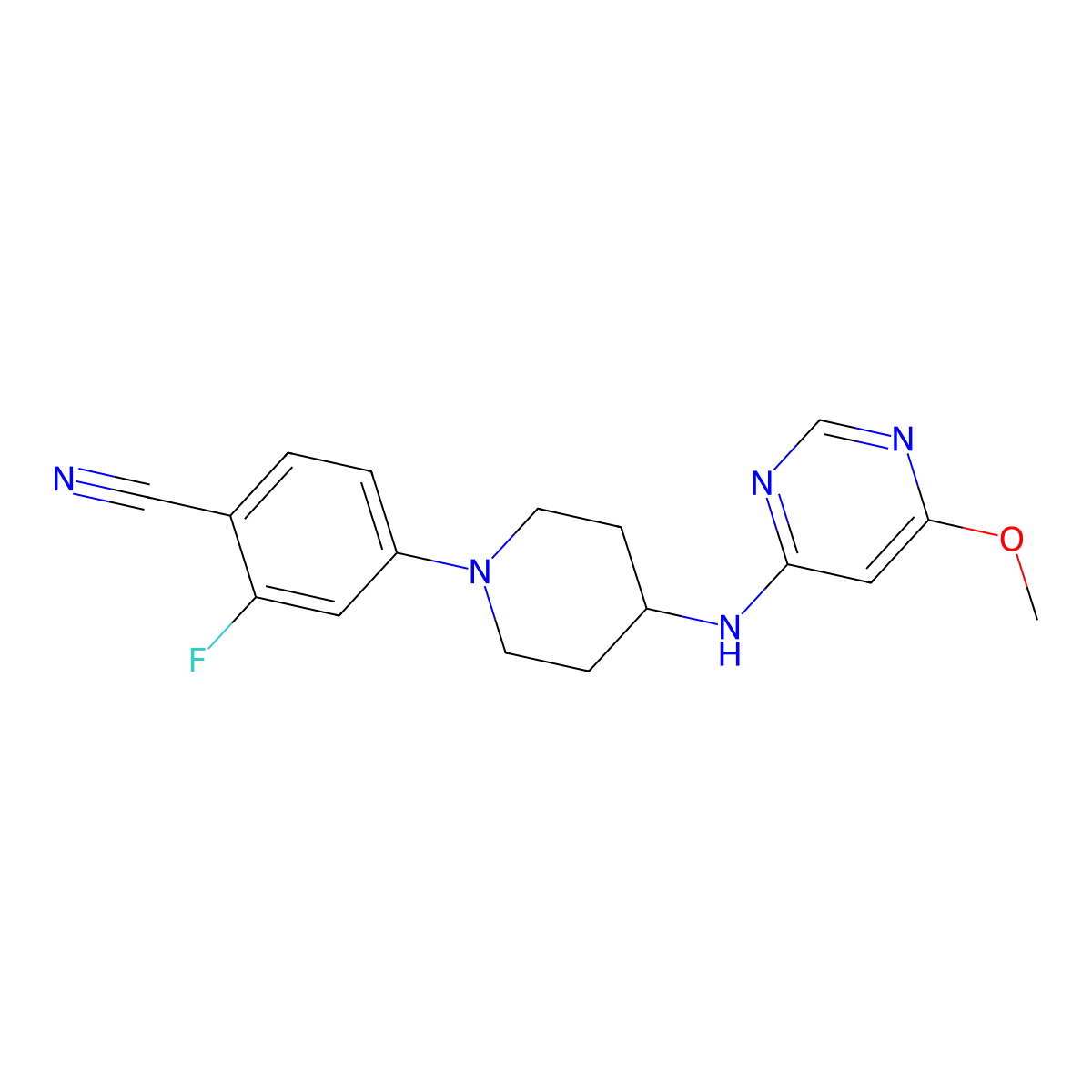 2-Fluoro-4-{4-[(6-methoxypyrimidin-4-yl)amino]piperidin-1-yl}benzonitrile molecular structure, CAS 3054638-24-0