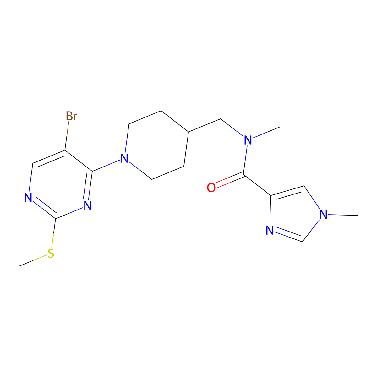 N-({1-[5-bromo-2-(methylsulfanyl)pyrimidin-4-yl]piperidin-4-yl}methyl)-N,1-dimethyl-1H-imidazole-4-carboxamide molecular structure, CAS 3054638-25-1