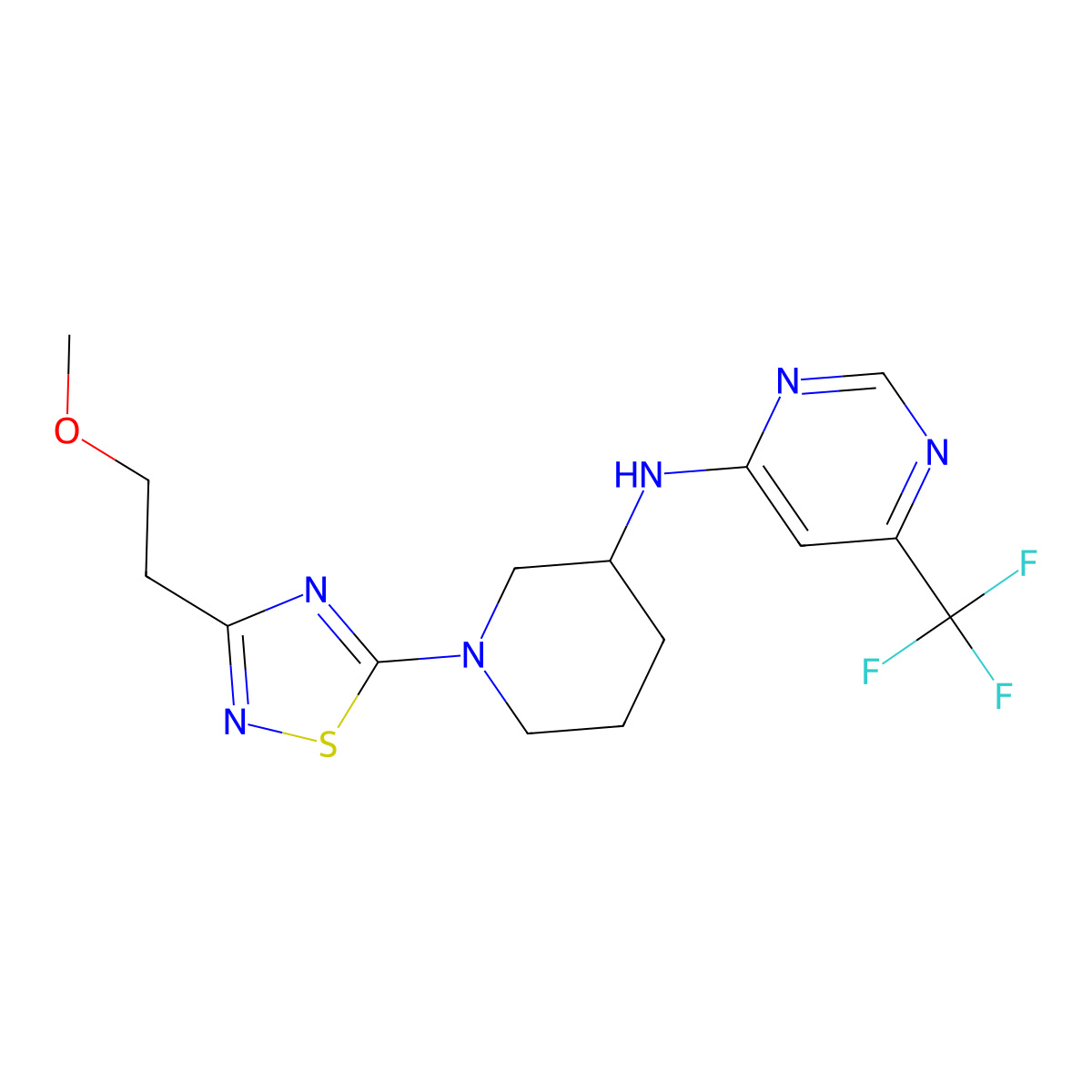 N-{1-[3-(2-methoxyethyl)-1,2,4-thiadiazol-5-yl]piperidin-3-yl}-6-(trifluoromethyl)pyrimidin-4-amine molecular structure, CAS 3054638-26-2